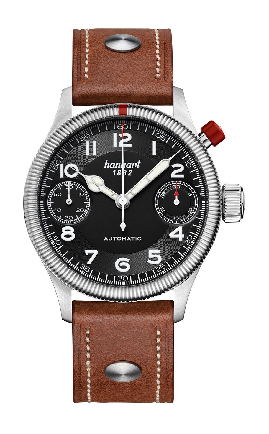 Hanhart PIONEER MonoScope Black, Fluted Bezel luxury timepiece - detailed view