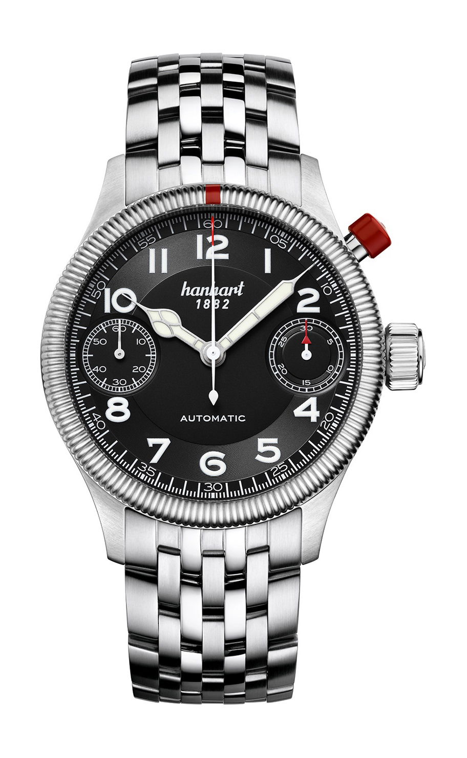 Hanhart PIONEER MonoScope Black, Fluted Bezel luxury timepiece - detailed view
