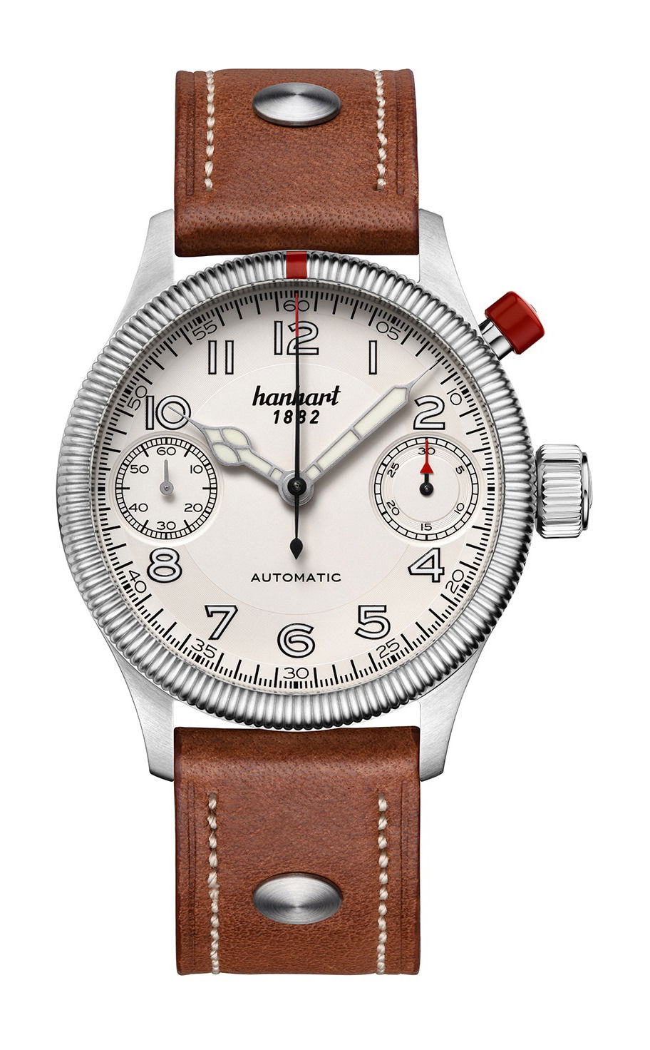 Hanhart PIONEER MonoScope Silver, Fluted Bezel luxury timepiece - detailed view