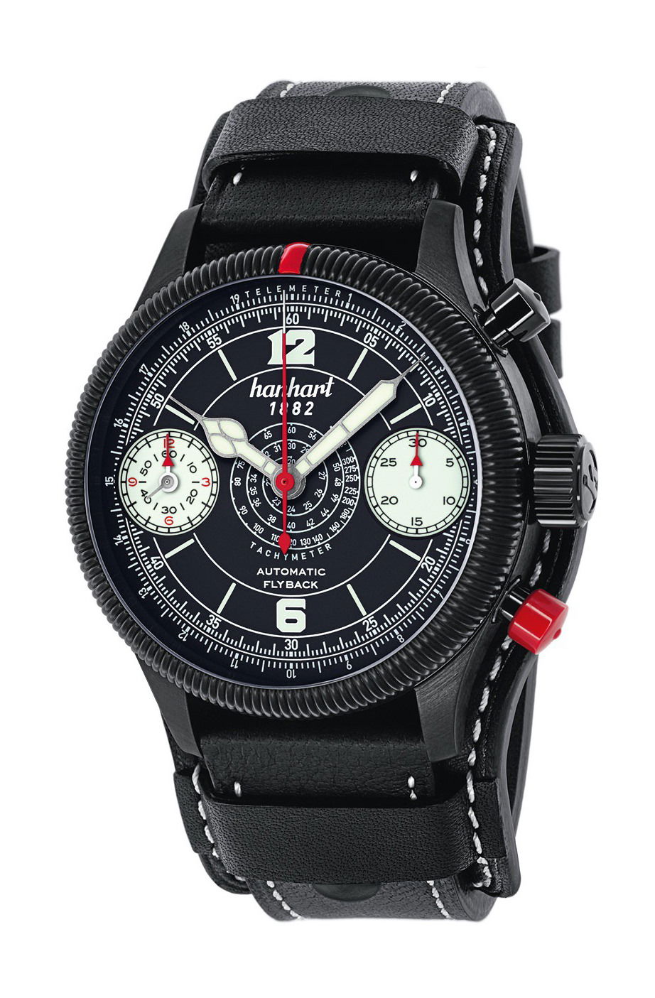 Hanhart PIONEER Stealth 1882, Fluted Bezel luxury timepiece - detailed view
