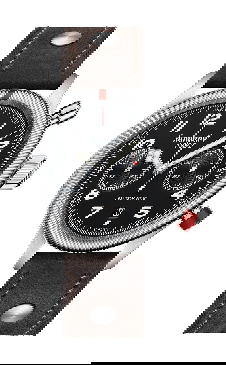 Hanhart PIONEER TwinControl Black, Fluted Bezel luxury timepiece - detailed view