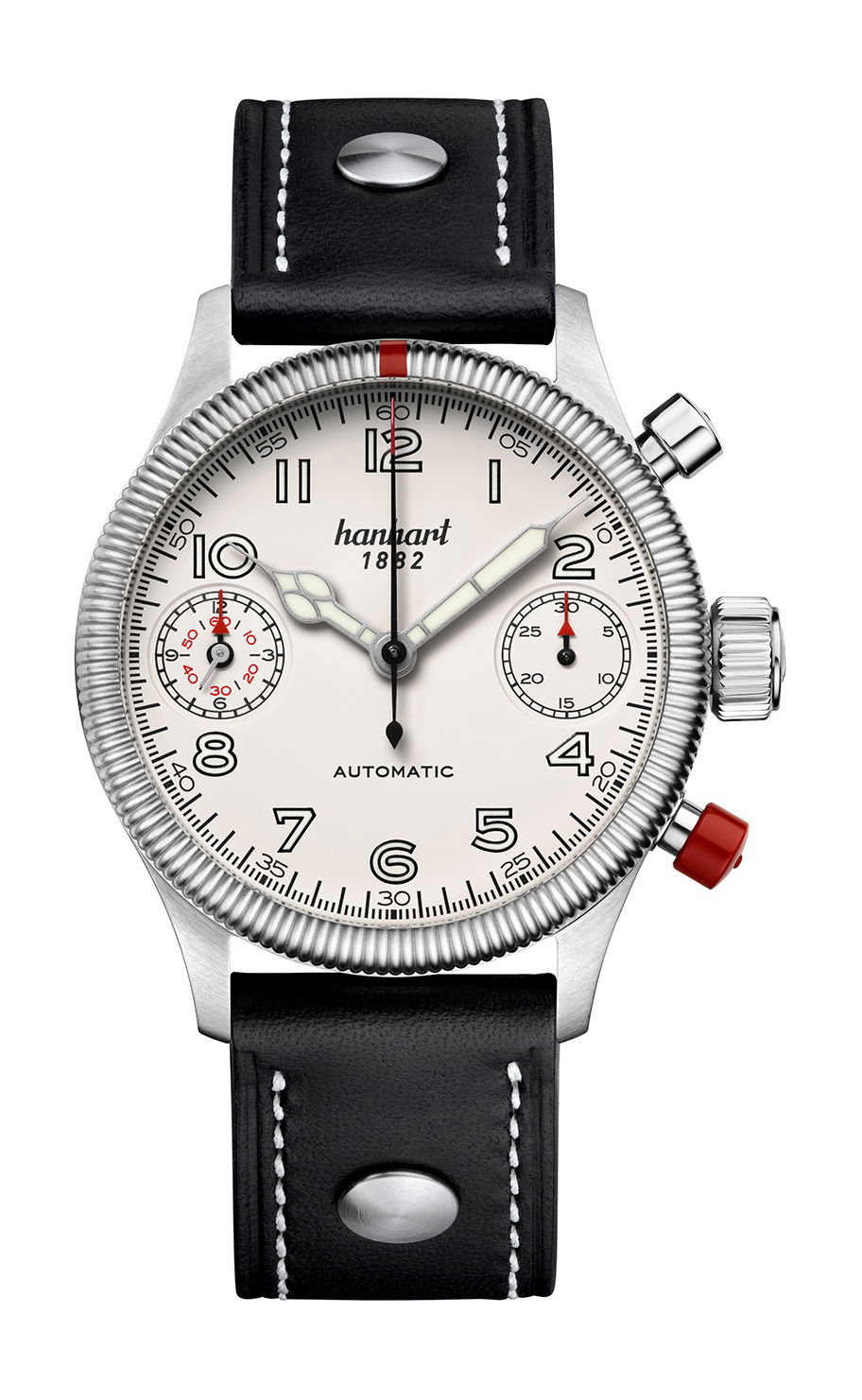 Hanhart PIONEER TwinDicator Off-White, Fluted Bezel luxury timepiece - detailed view