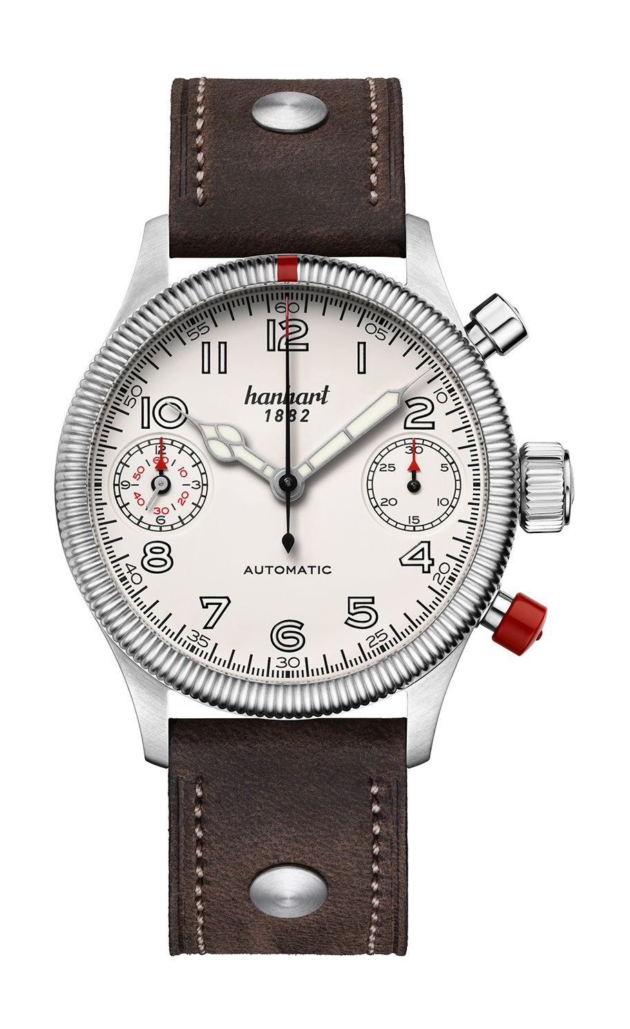 Hanhart PIONEER TwinDicator Off-White, Fluted Bezel luxury timepiece - detailed view