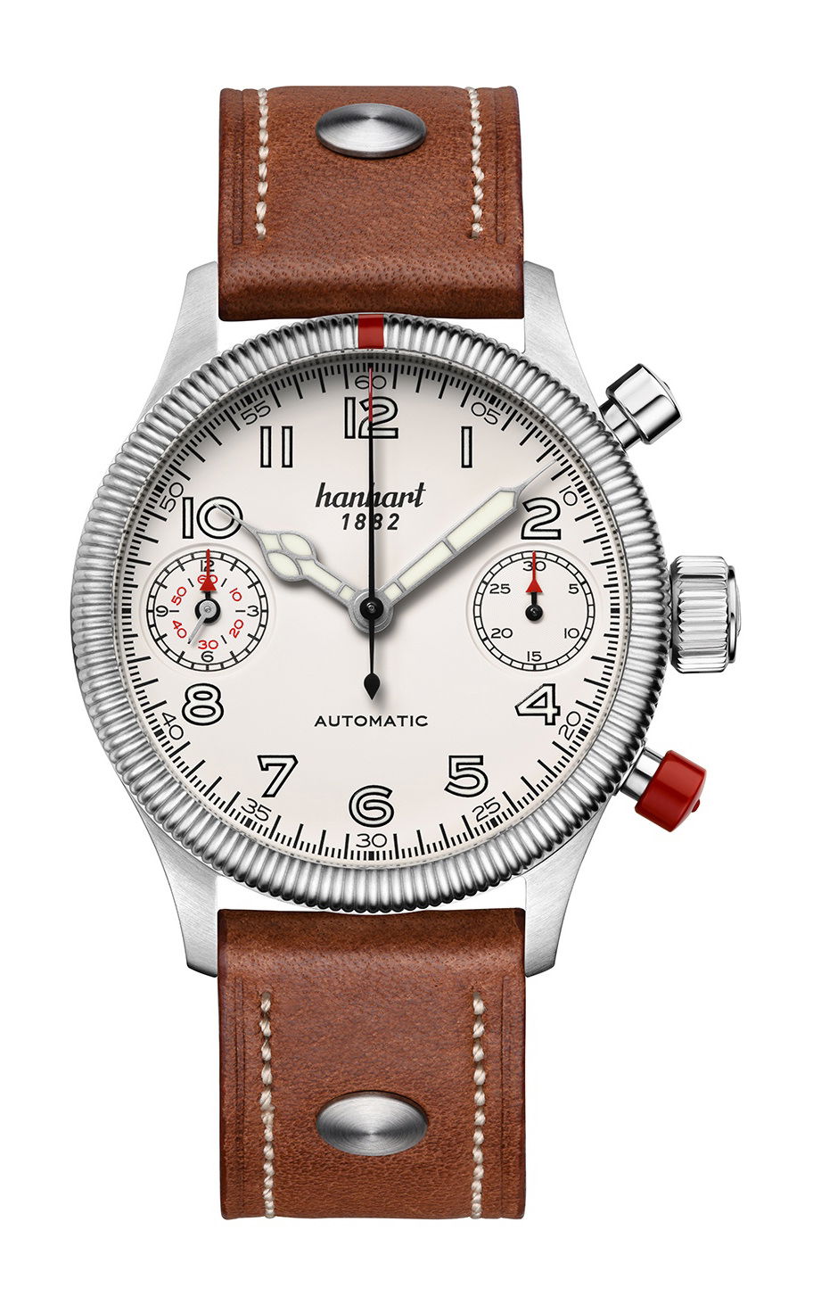 Hanhart PIONEER TwinDicator Off-White, Fluted Bezel luxury timepiece - detailed view
