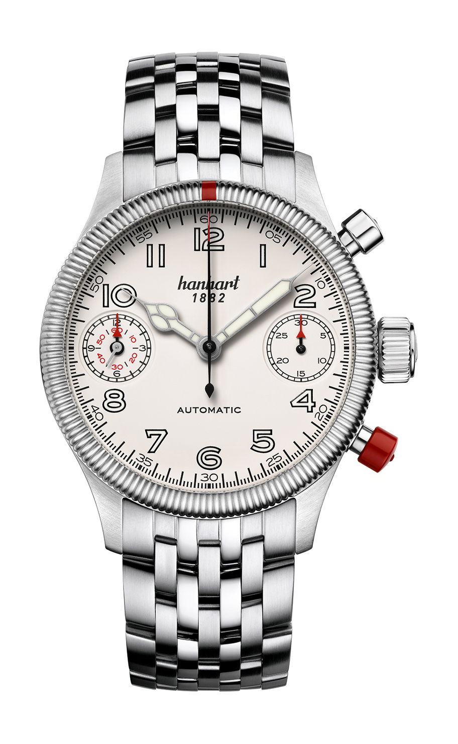 Hanhart PIONEER TwinDicator Off-White, Fluted Bezel luxury timepiece - detailed view