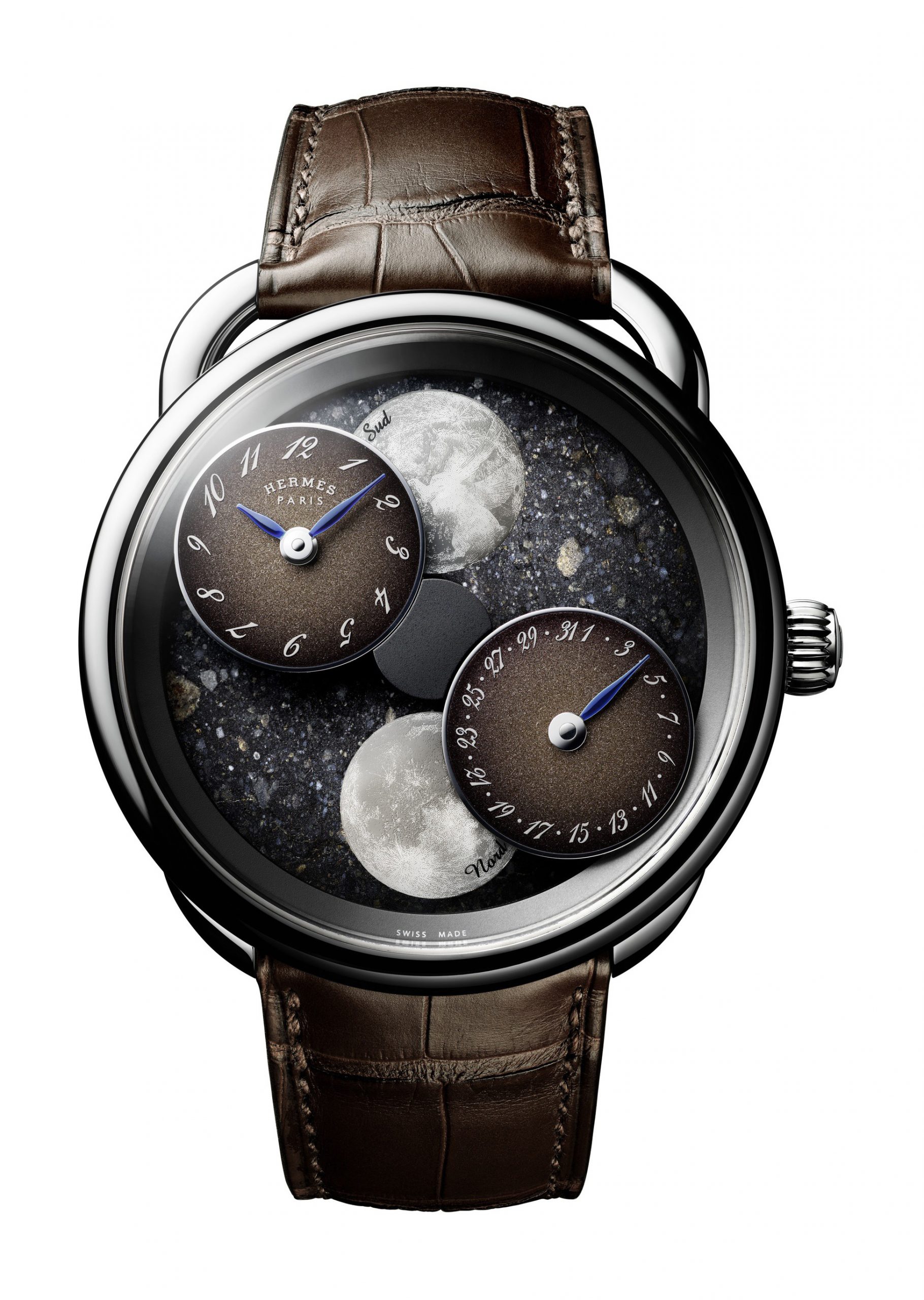 Hermès Arceau L’heure de la lune Lunar meteorite luxury timepiece - detailed view