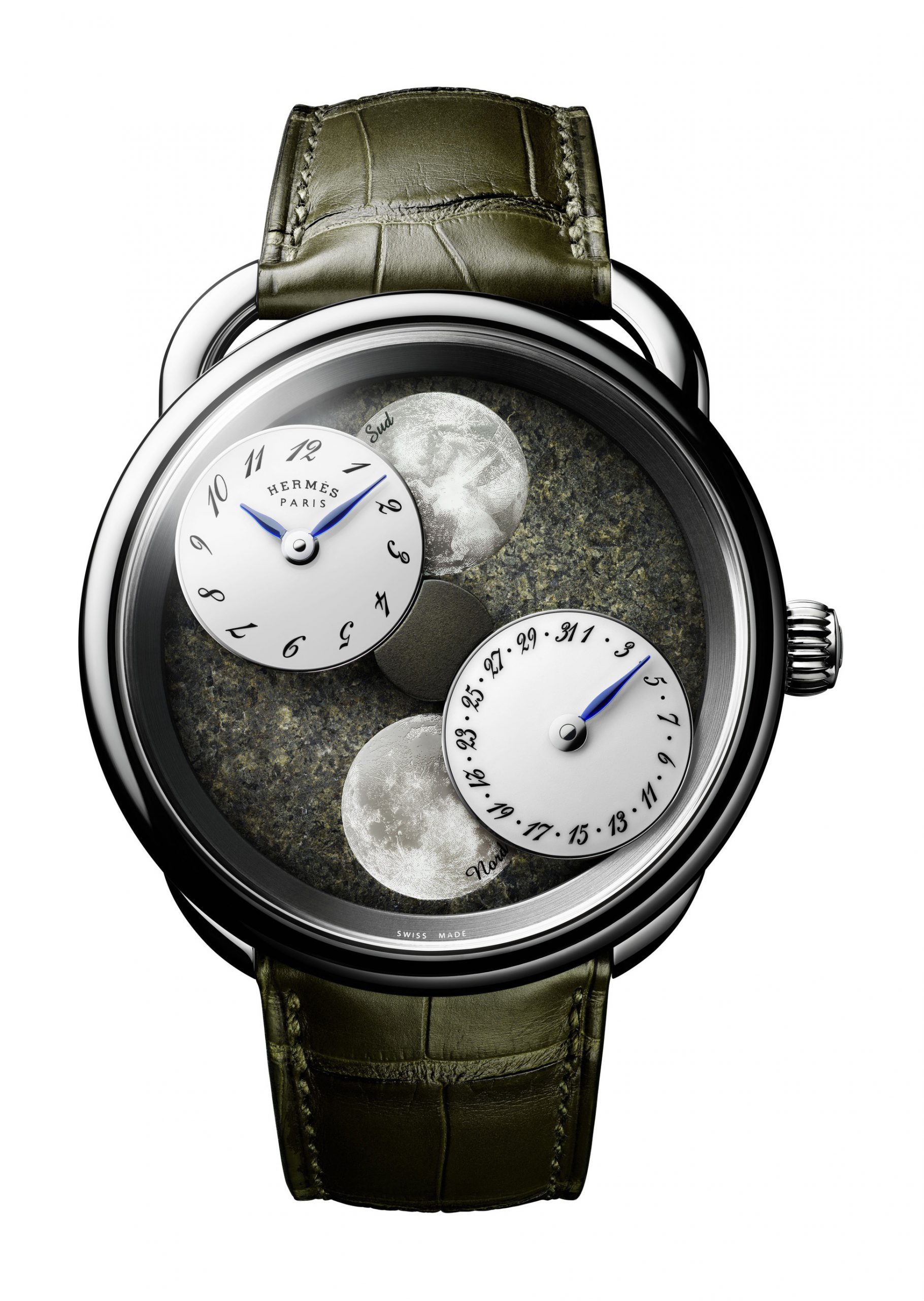 Hermès Arceau L’heure de la lune Martian meteorite luxury timepiece - detailed view