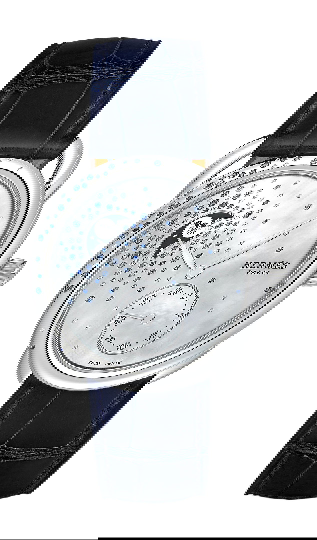 Hermès Arceau Petite Lune Jeté de Diamants et Saphirs luxury timepiece - detailed view