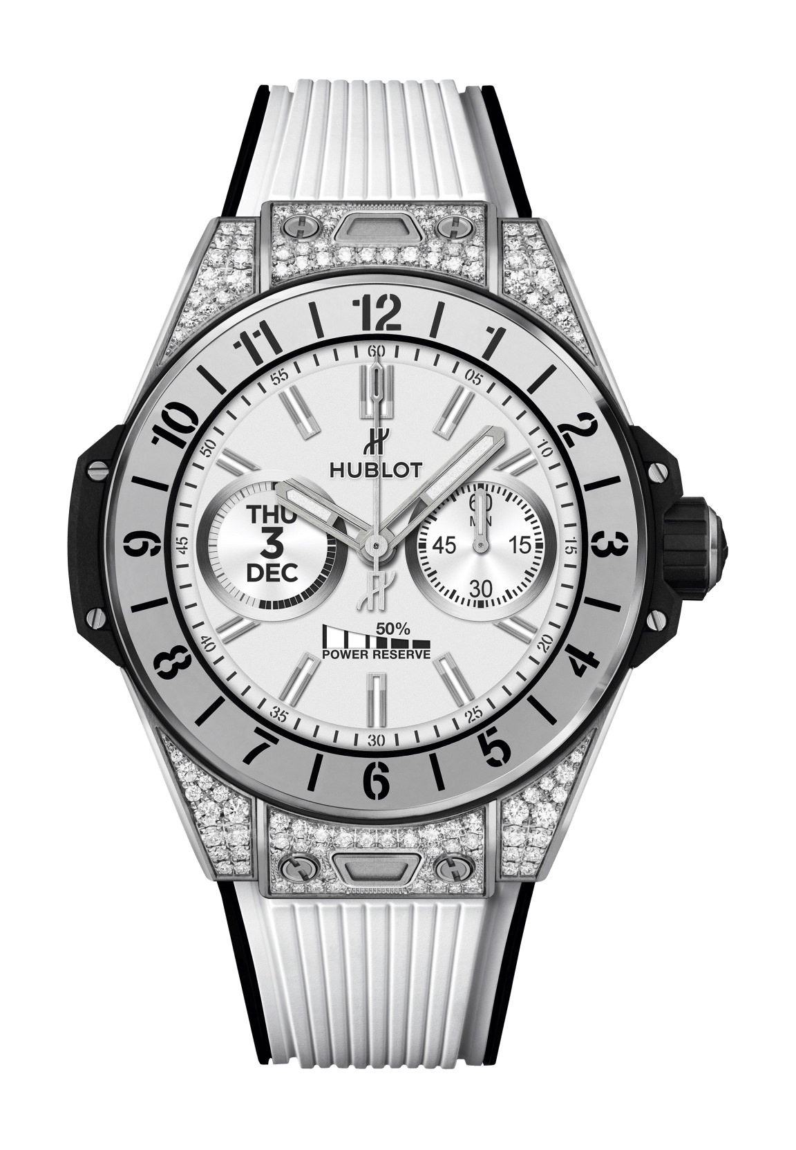 Hublot Big Bang e Titanium White Diamonds luxury timepiece - detailed view