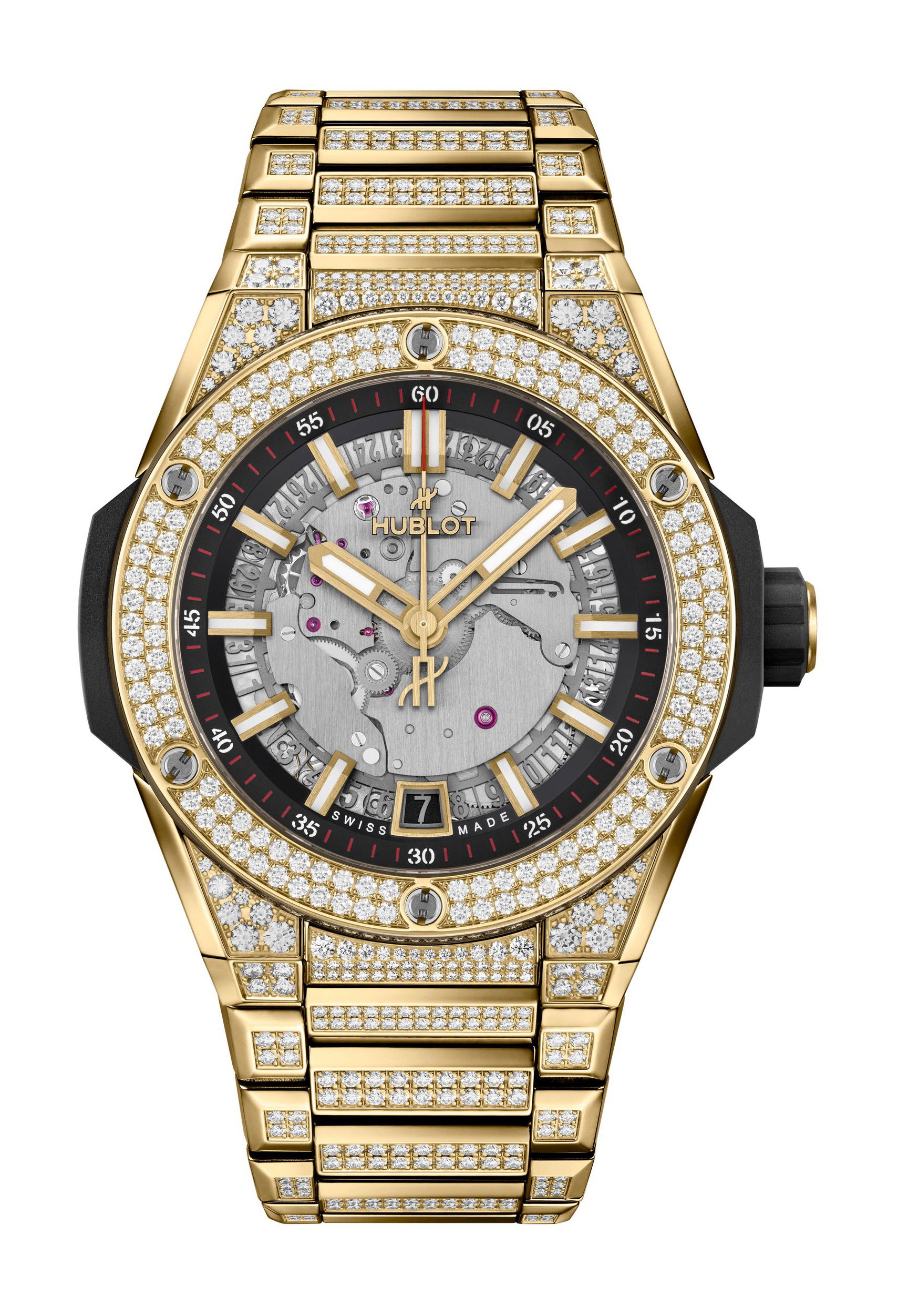 Hublot Big Bang Integrated Time Only Yellow Gold Pavé luxury timepiece - detailed view