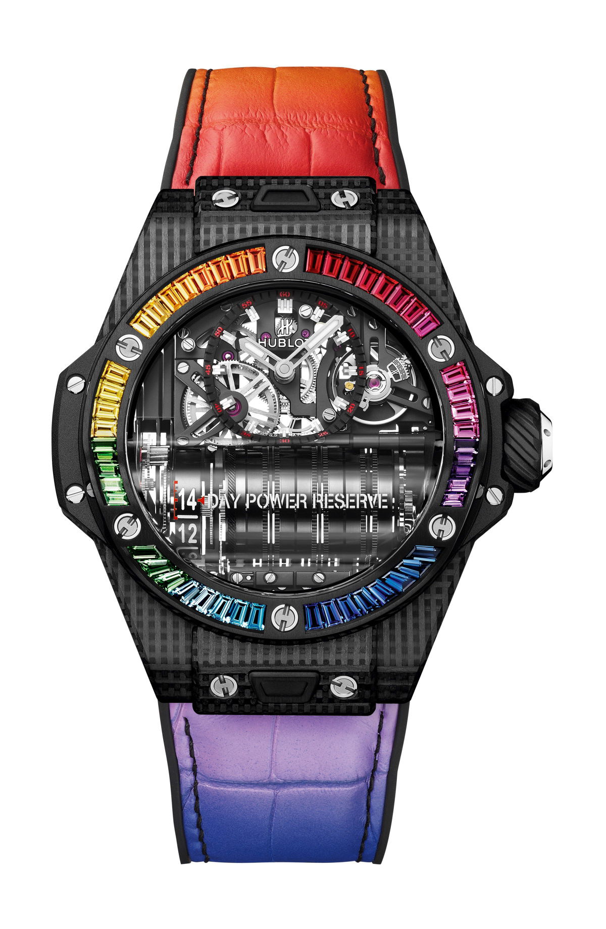 Hublot Big Bang MP-11 Power Reserve 14 Days 3D Carbon Rainbow luxury timepiece - detailed view