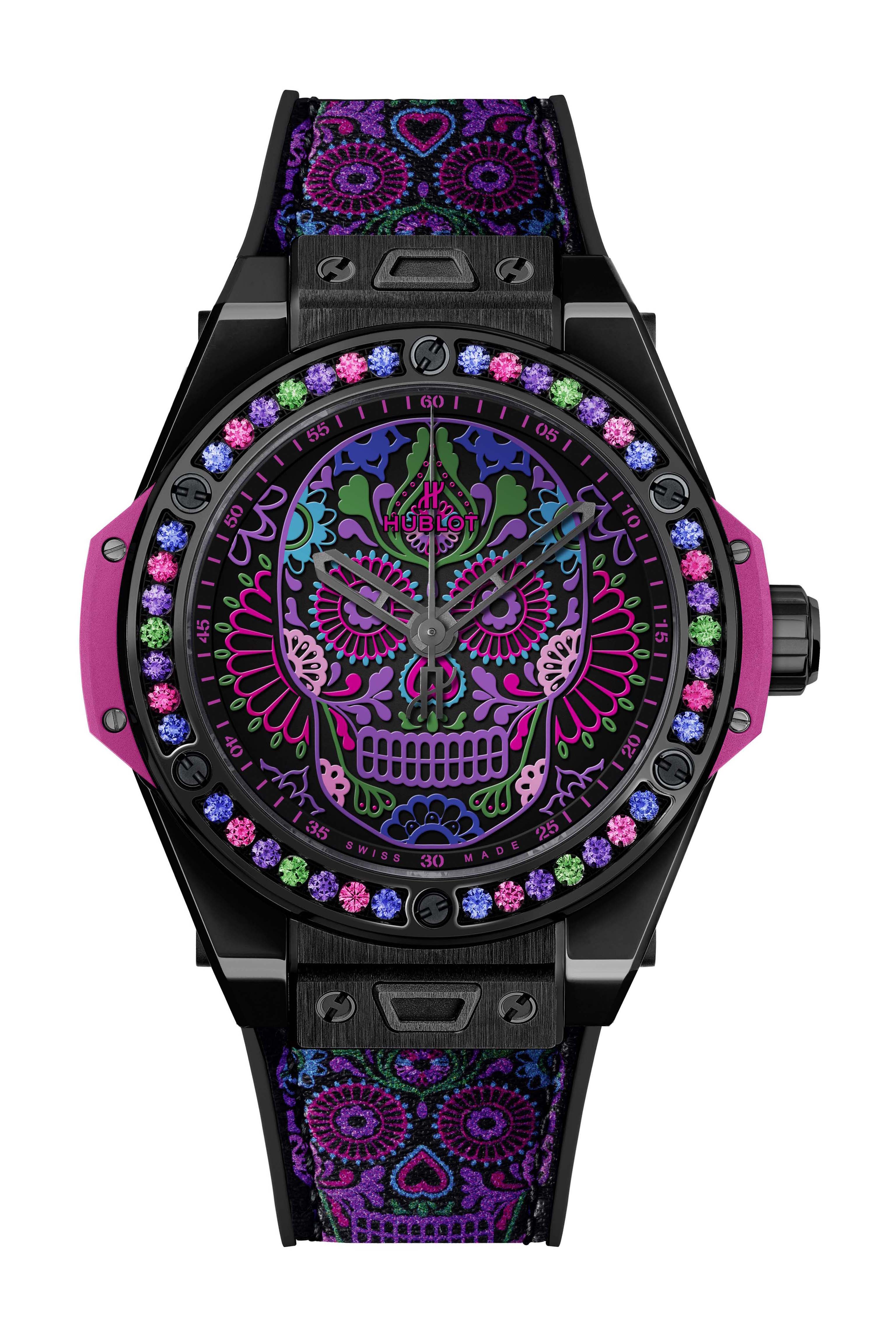 Hublot Big Bang One Click Calavera Catrina Black Ceramic luxury timepiece - detailed view