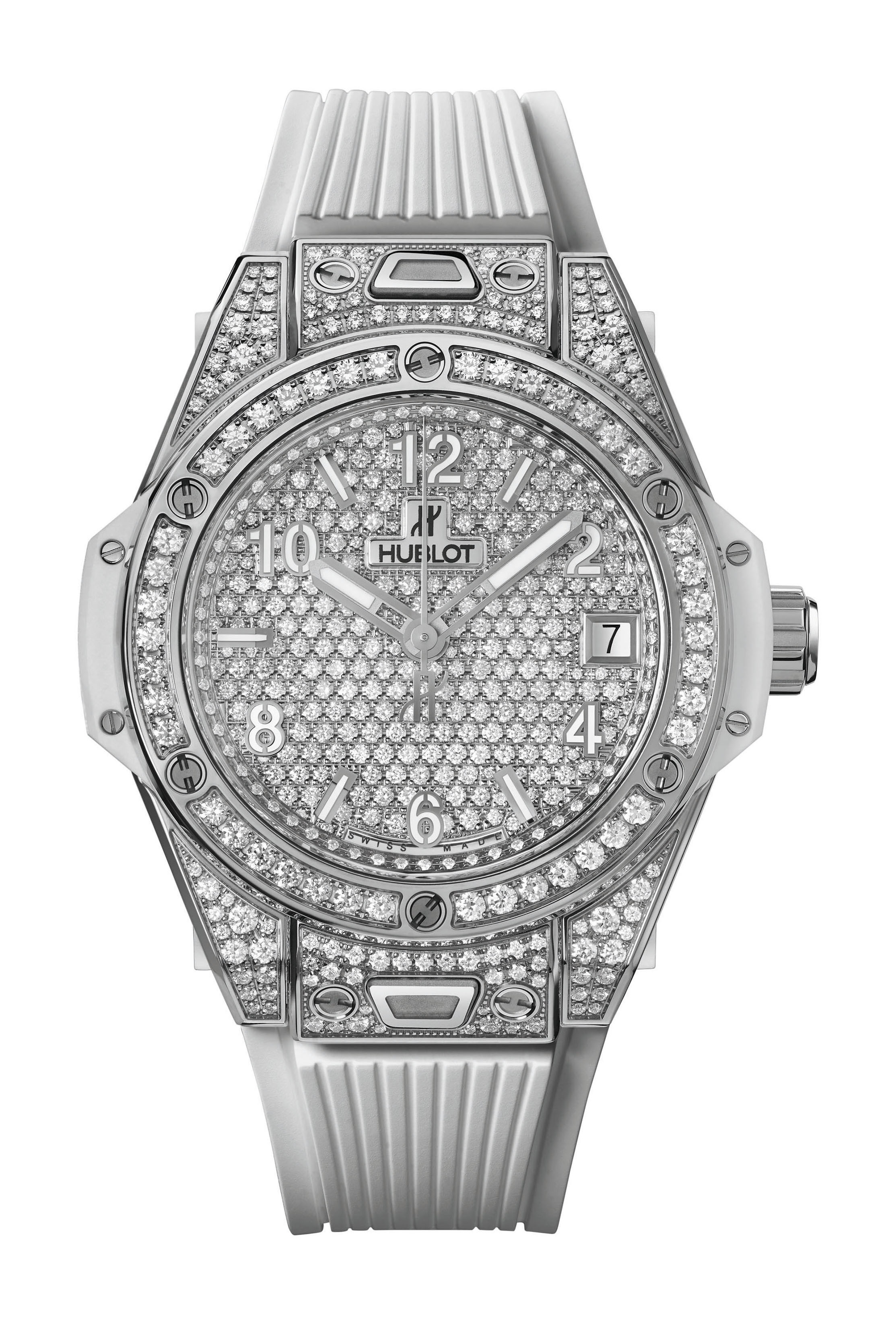 Hublot Big Bang One Click Steel White Full Pavé luxury timepiece - detailed view