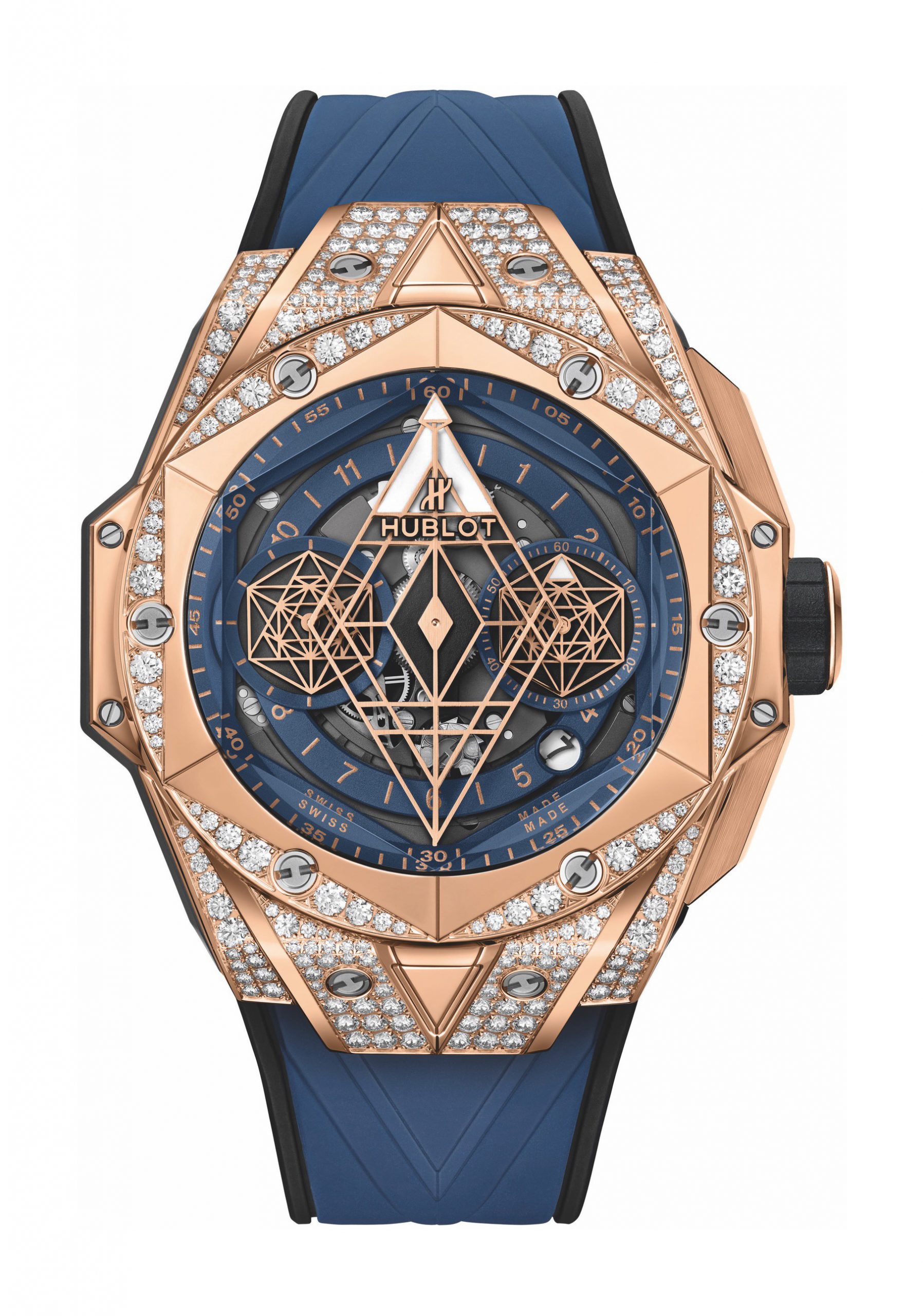 Hublot Big Bang Sang Bleu II King Gold Blue Pavé luxury timepiece - detailed view