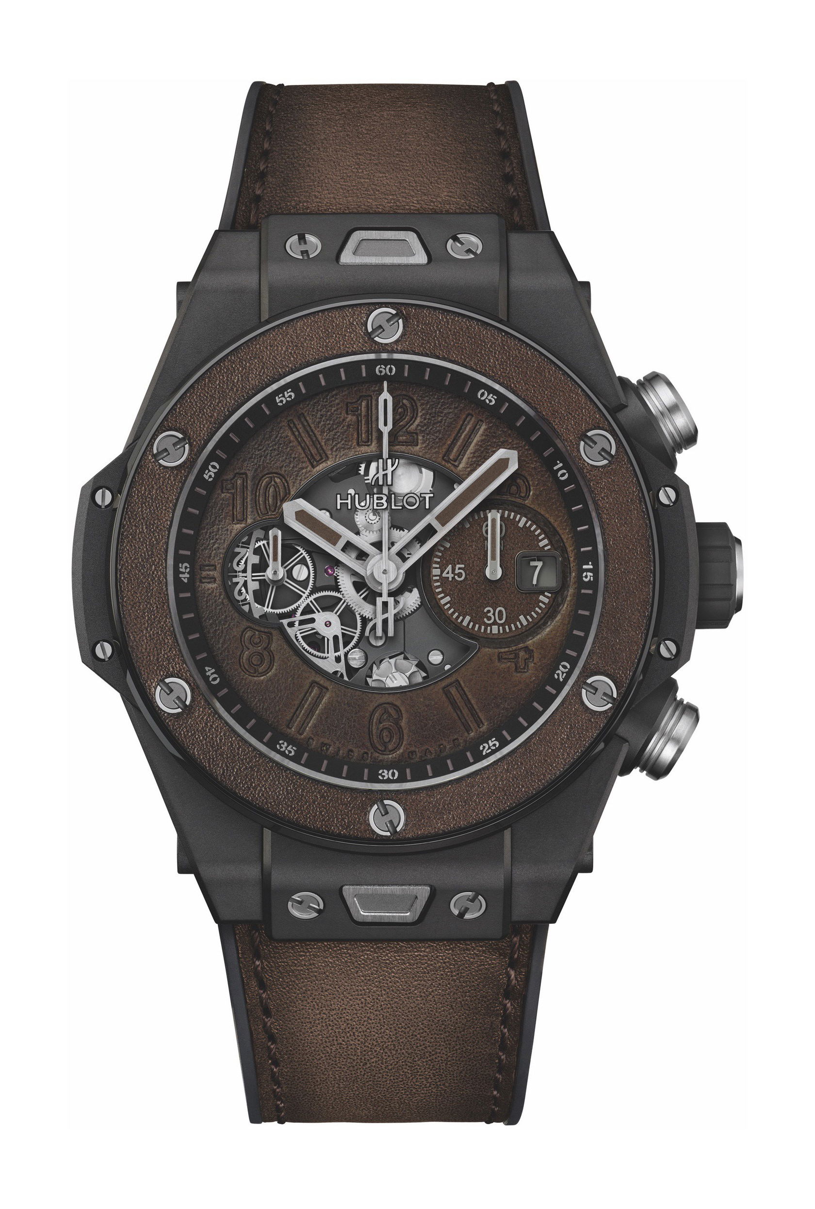 Hublot Big Bang Unico Berluti Cold Brown luxury timepiece - detailed view