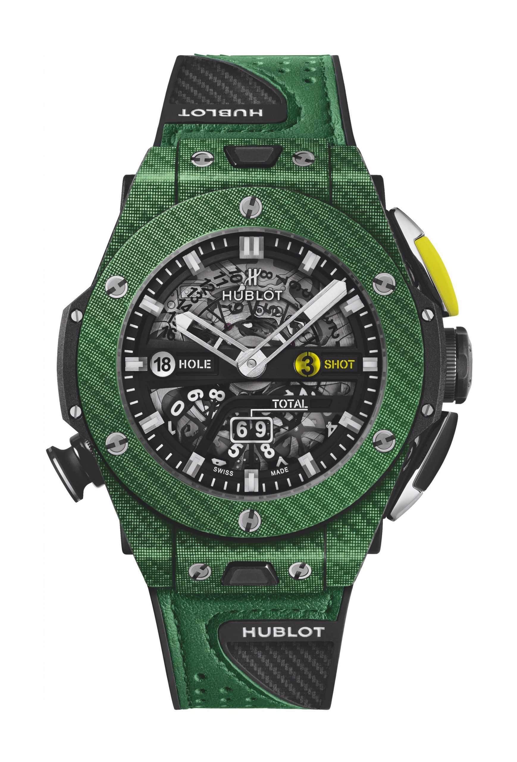 Hublot Big Bang Unico Golf Green Carbon luxury timepiece - detailed view