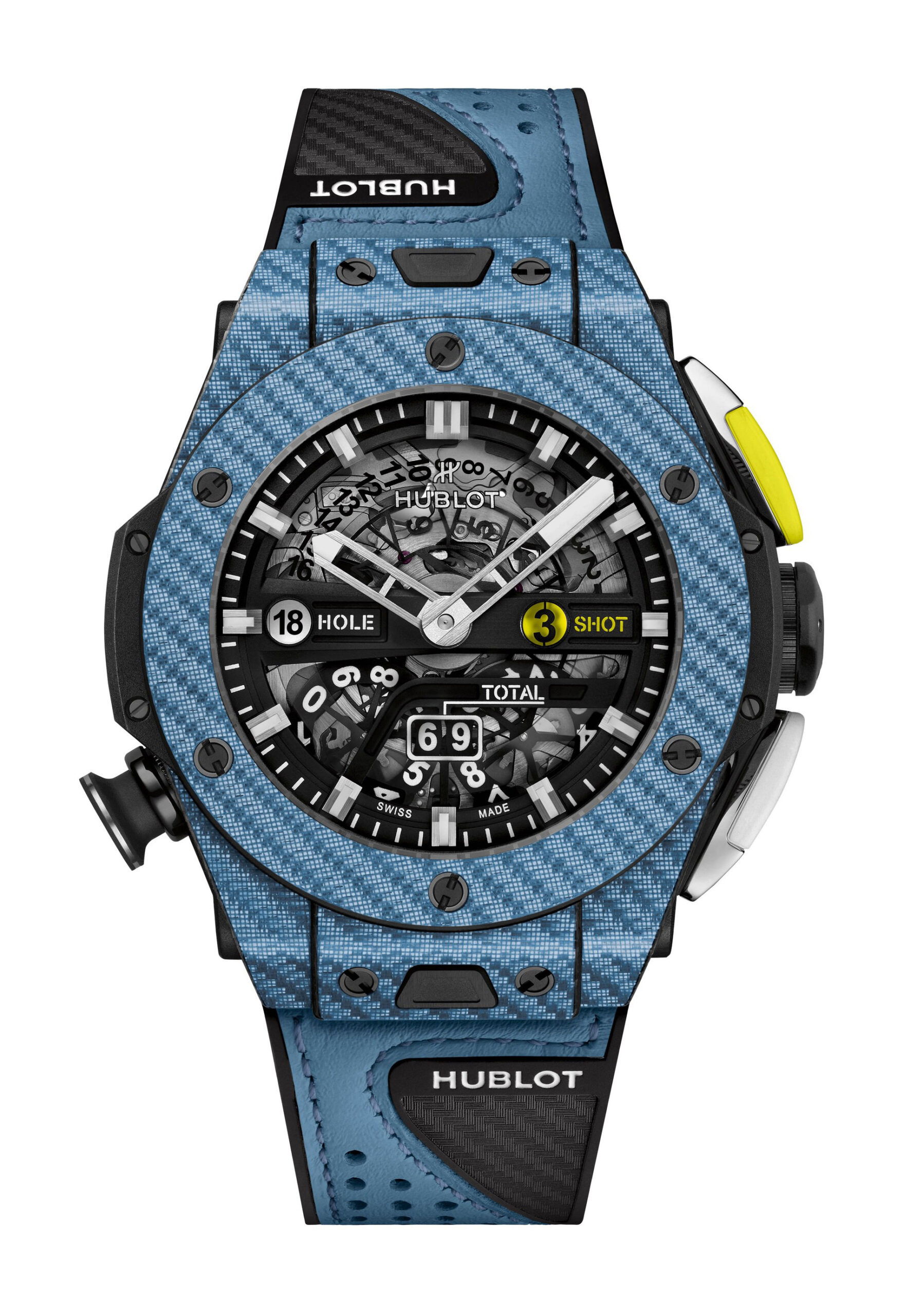 Hublot Big Bang Unico Golf Sky Blue Carbon luxury timepiece - detailed view