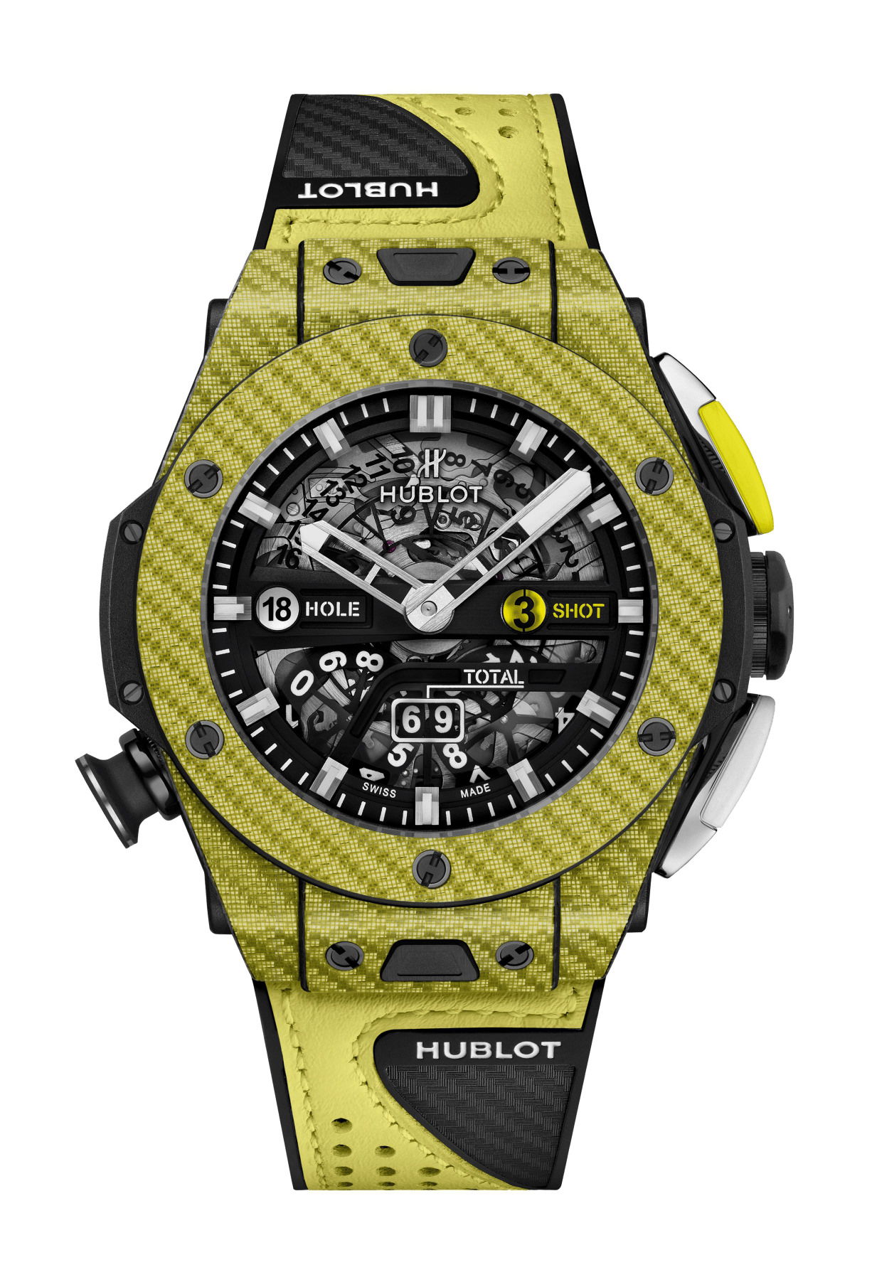 Hublot Big Bang Unico Golf Yellow Carbon luxury timepiece - detailed view