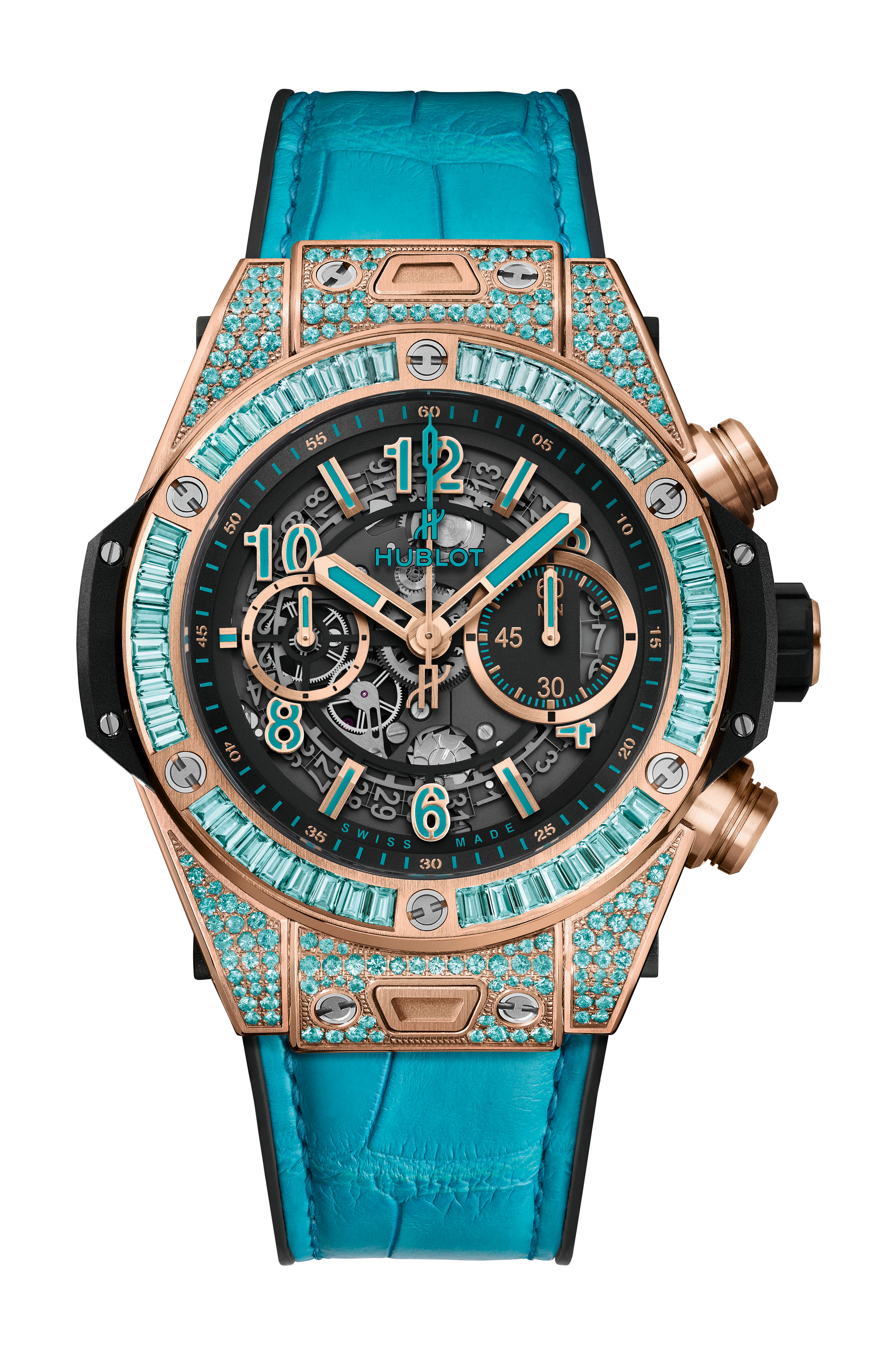 Hublot Big Bang Unico King Gold Paraiba luxury timepiece - detailed view