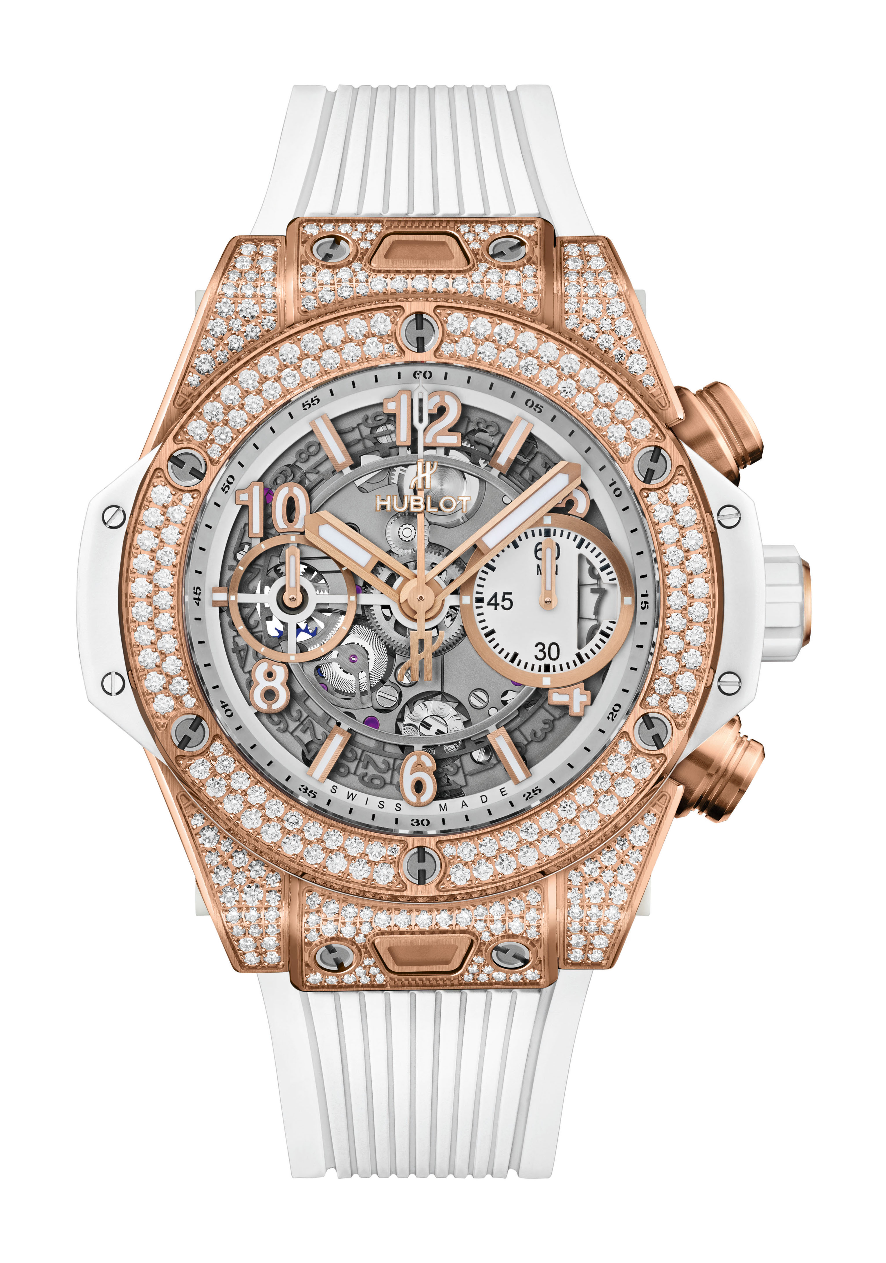 Hublot Big Bang Unico King Gold White Pavé 42mm luxury timepiece - detailed view