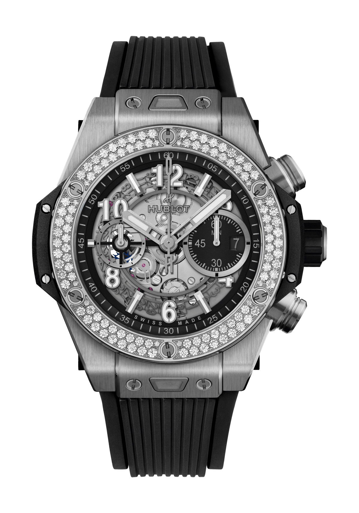 Hublot Big Bang Unico Titanium Diamonds luxury timepiece - detailed view