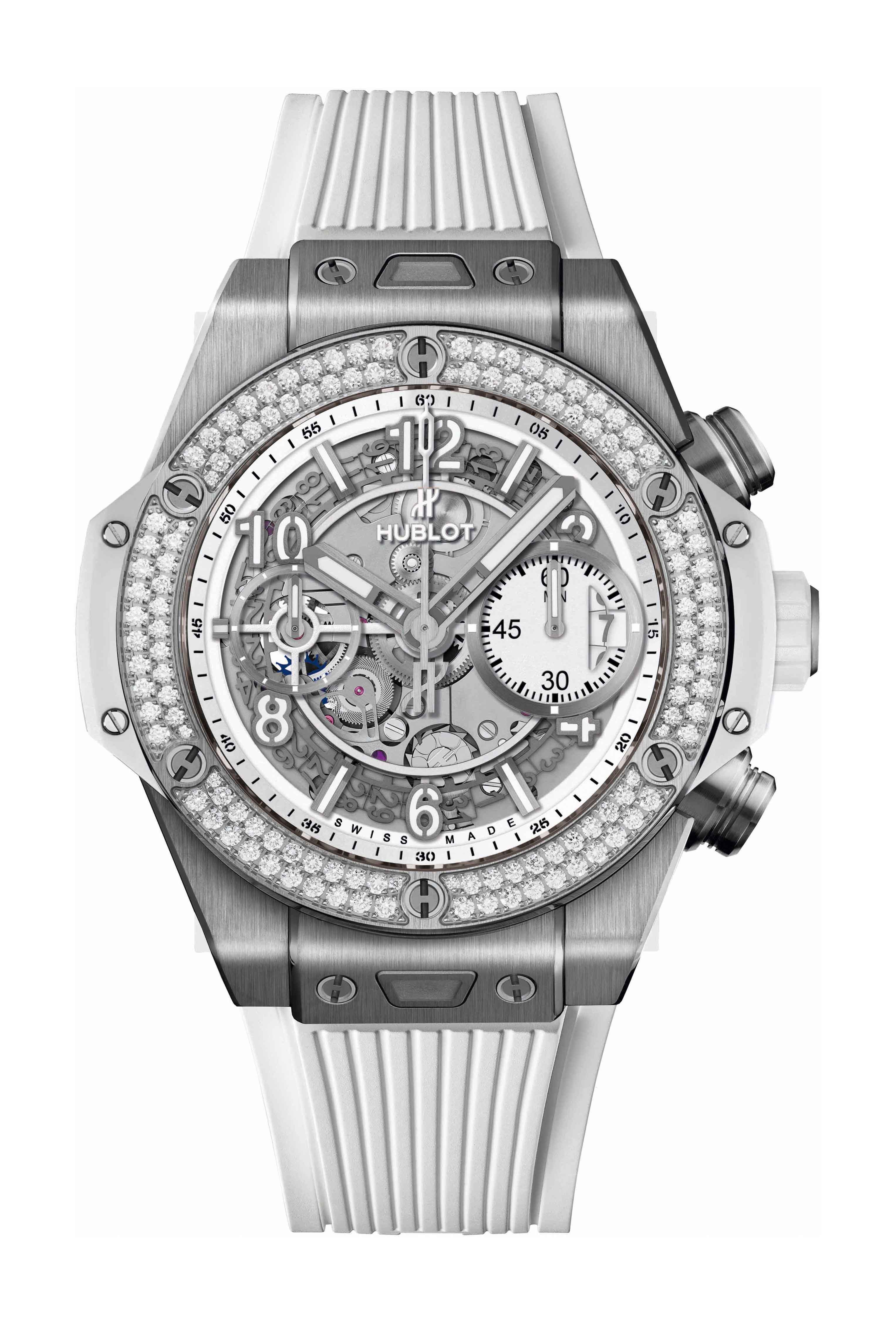 Hublot Big Bang Unico Titanium White Diamonds luxury timepiece - detailed view