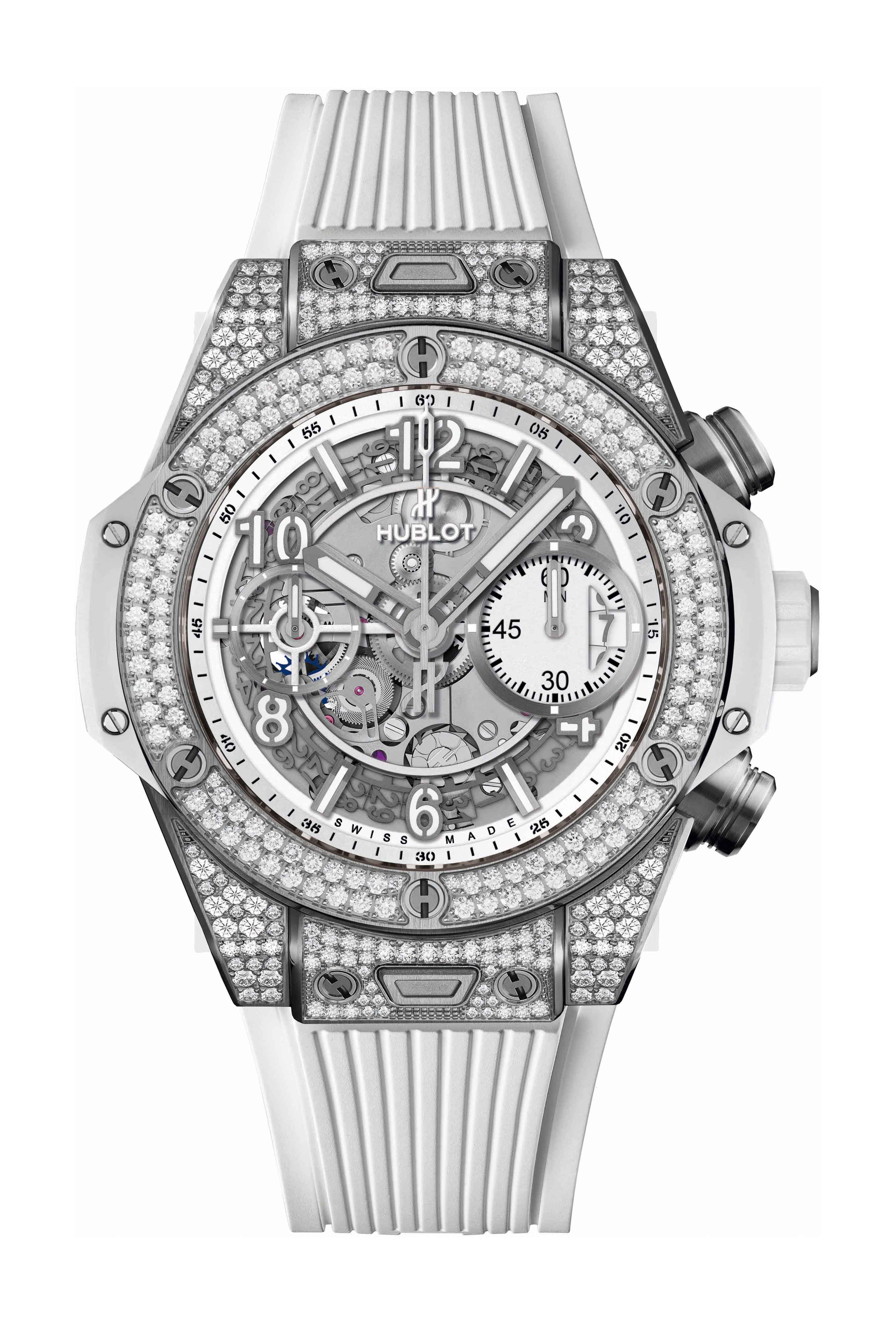 Hublot Big Bang Unico Titanium White Pavé luxury timepiece - detailed view