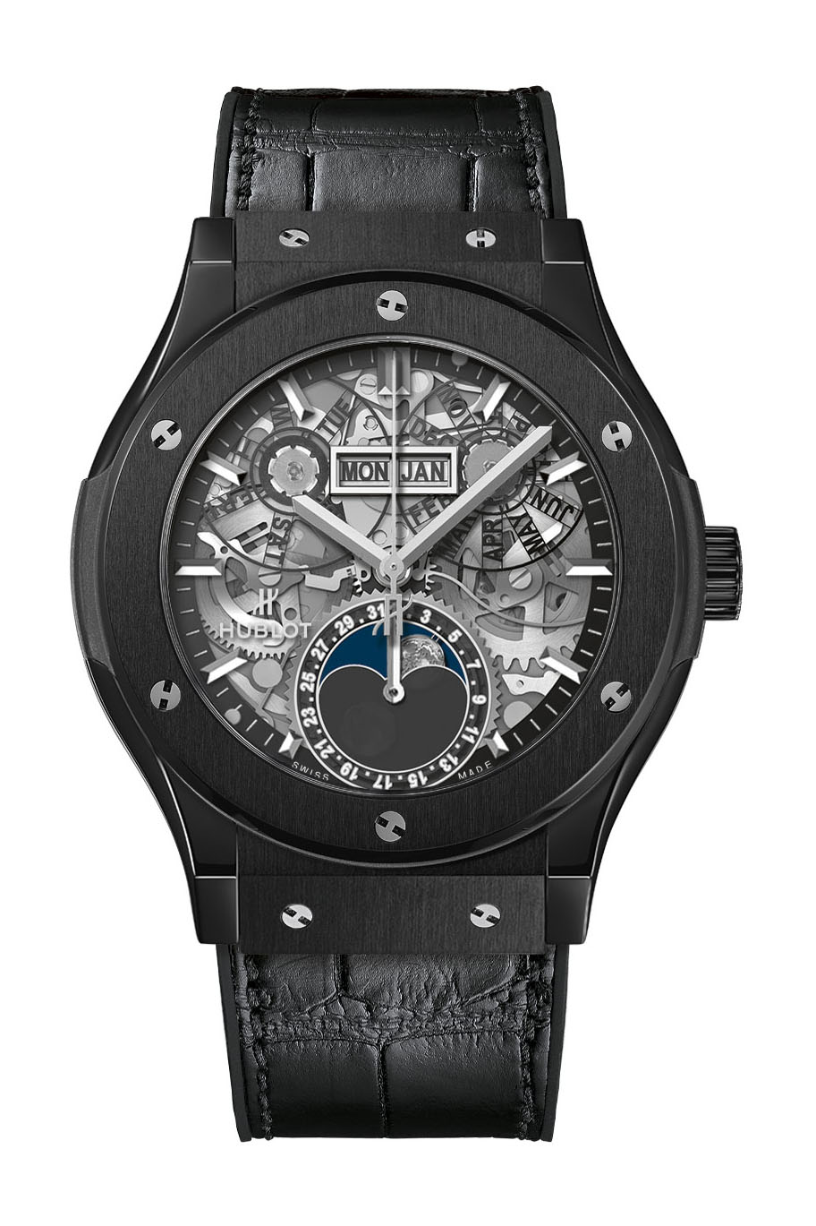Hublot Classic Fusion Aerofusion Moonphase Black Magic luxury timepiece - detailed view
