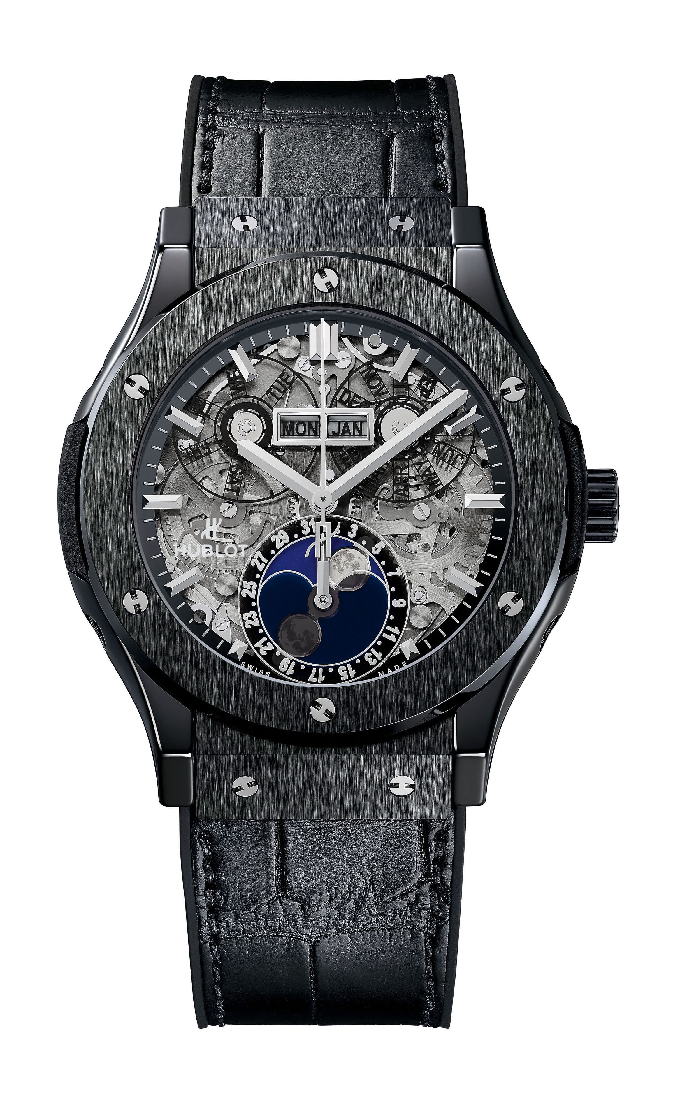 Hublot Classic Fusion Aerofusion Moonphase Black Magic Aeromoon luxury timepiece - detailed view