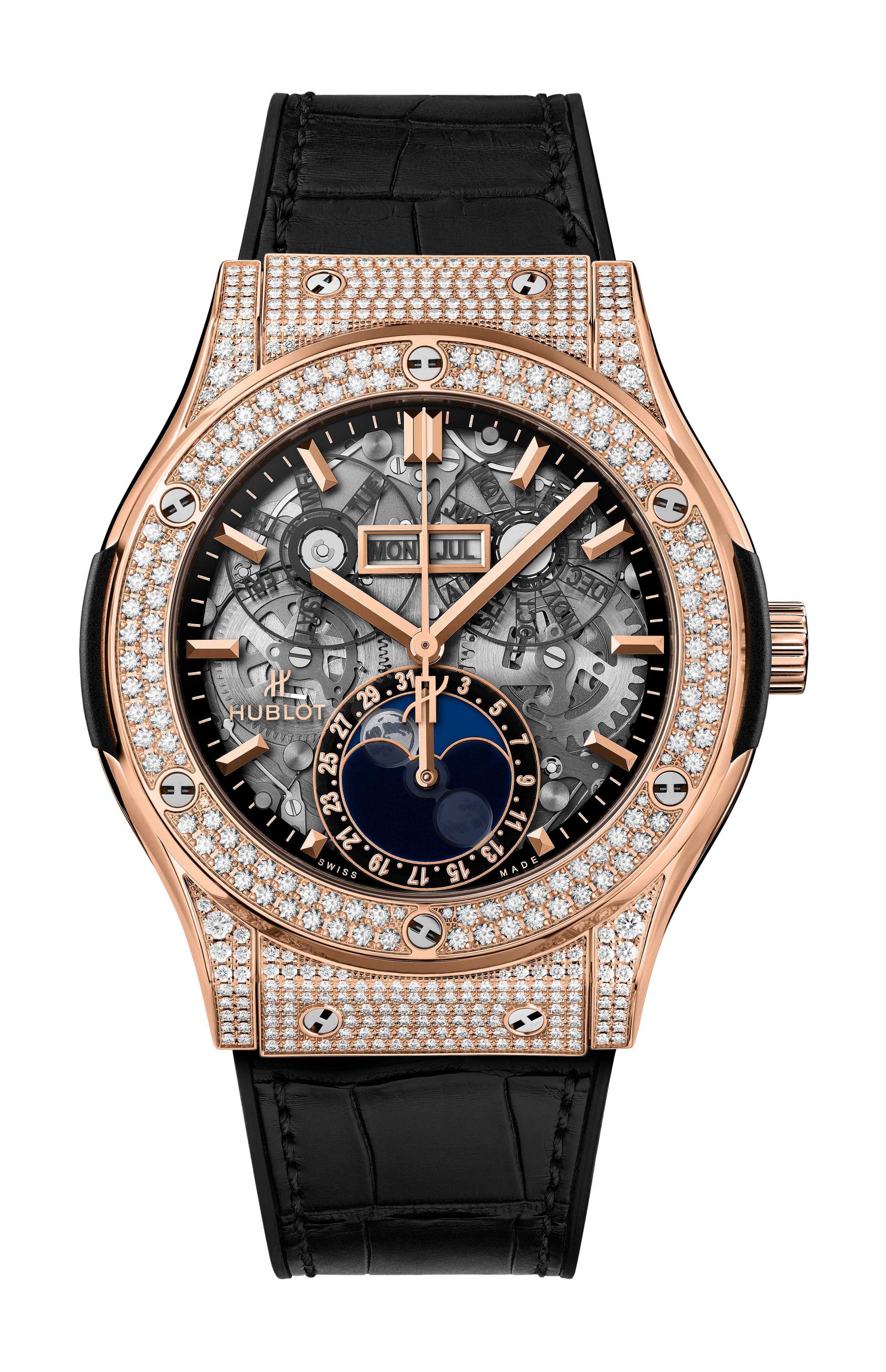 Hublot Classic Fusion AeroFusion Moonphase King Gold Pavé luxury timepiece - detailed view