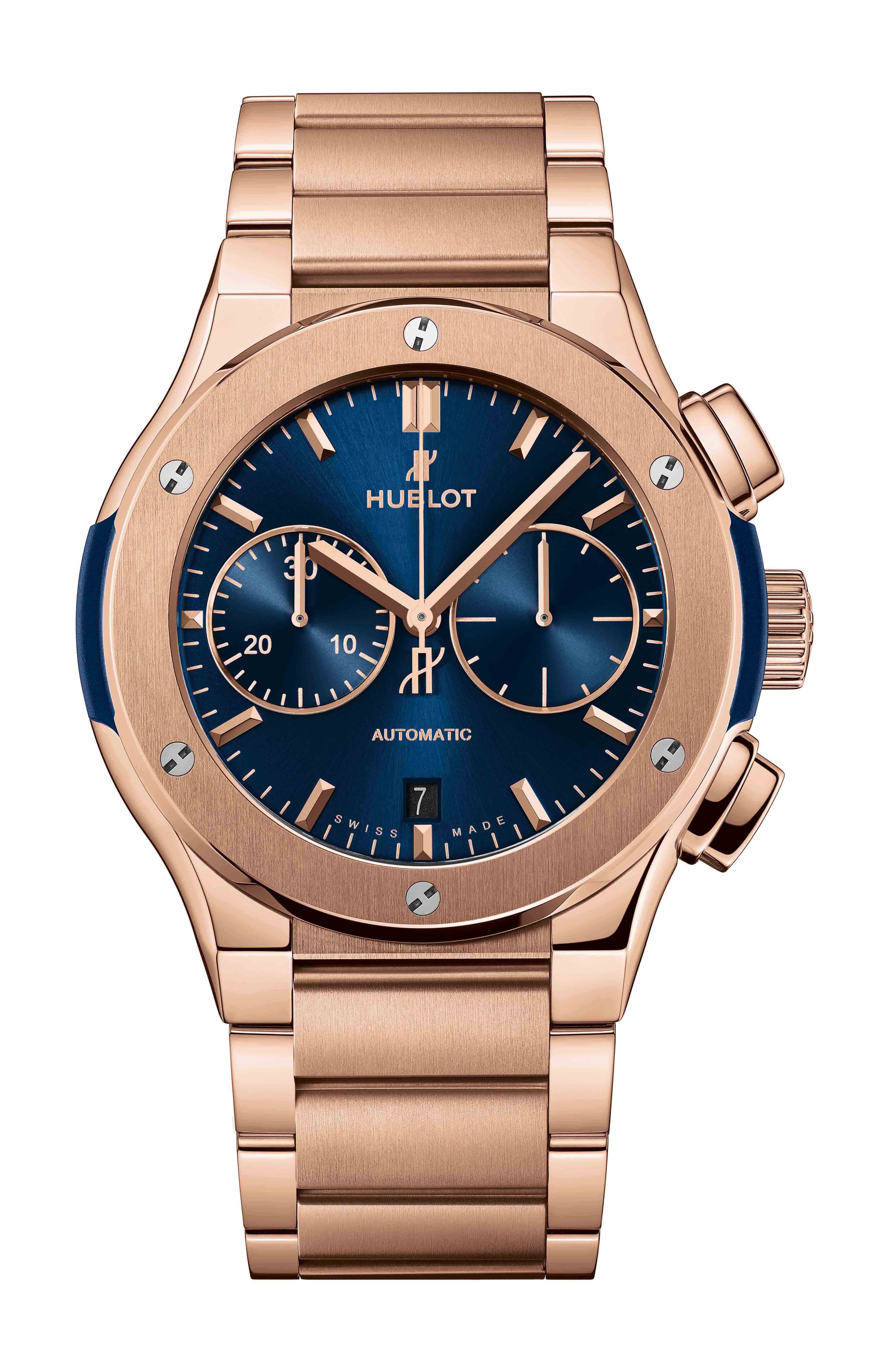Hublot Classic Fusion Blue Chronograph King Gold Bracelet luxury timepiece - detailed view