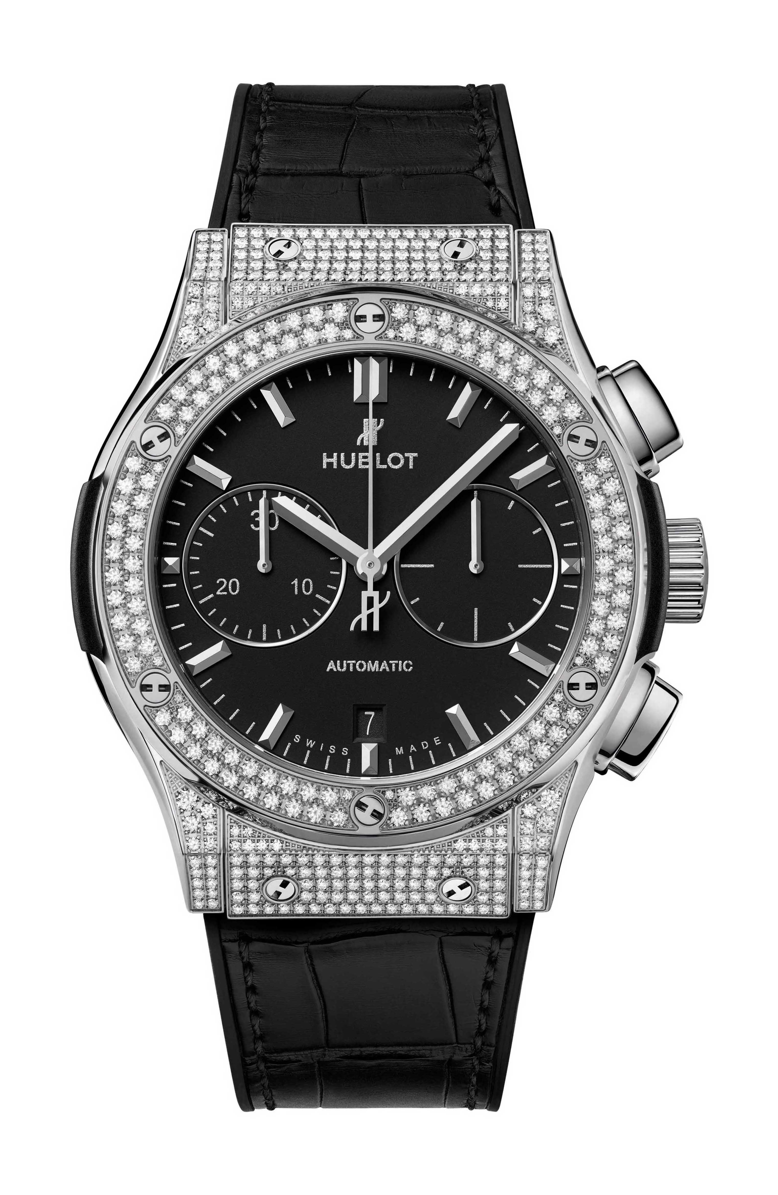 Hublot Classic Fusion Chonograph Titanium Pavé luxury timepiece - detailed view
