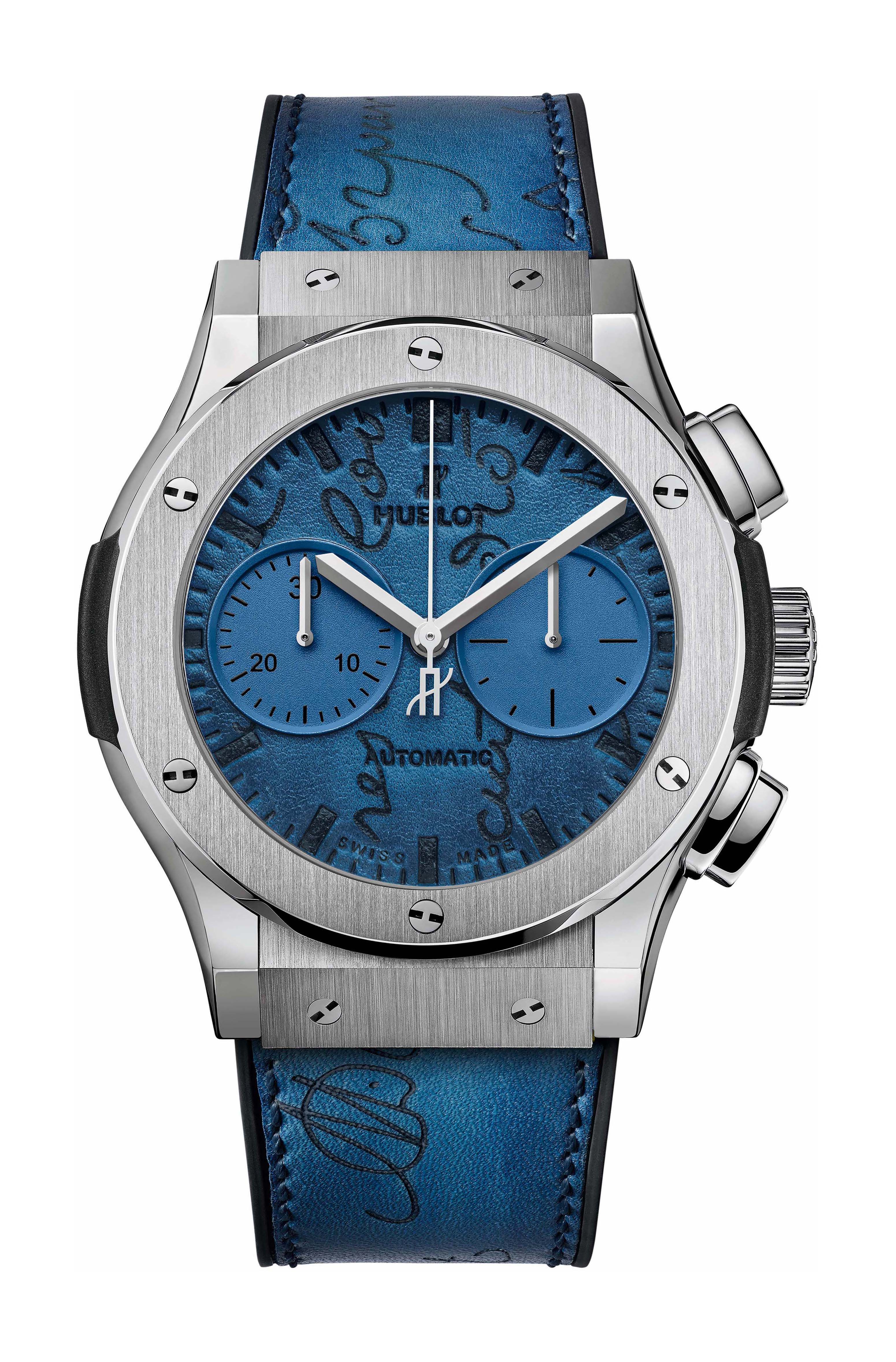 Hublot Classic Fusion Chronograph Berluti Scritto Ocean Blue luxury timepiece - detailed view