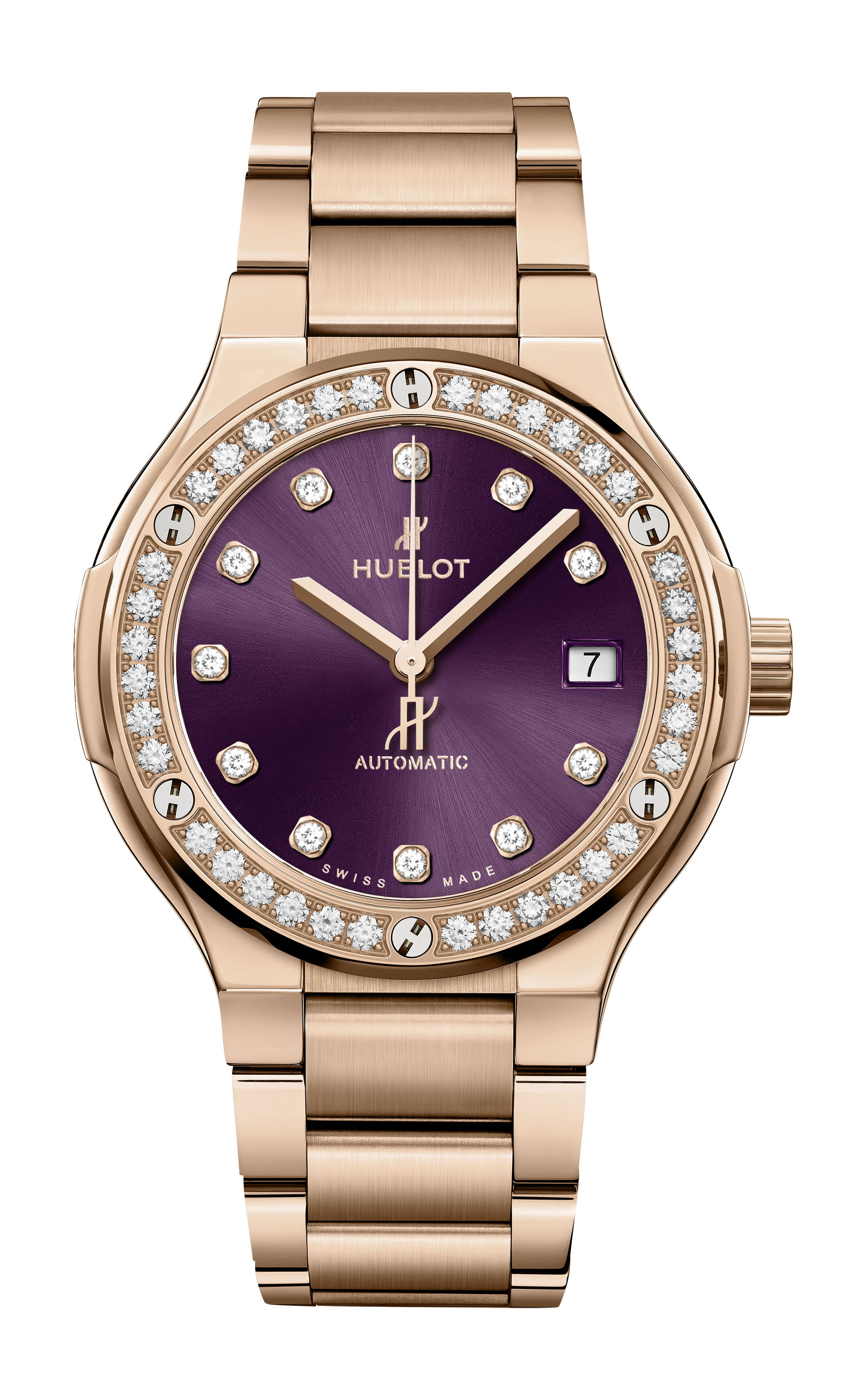 Hublot Classic Fusion King Gold Purple Diamonds Bracelet luxury timepiece - detailed view