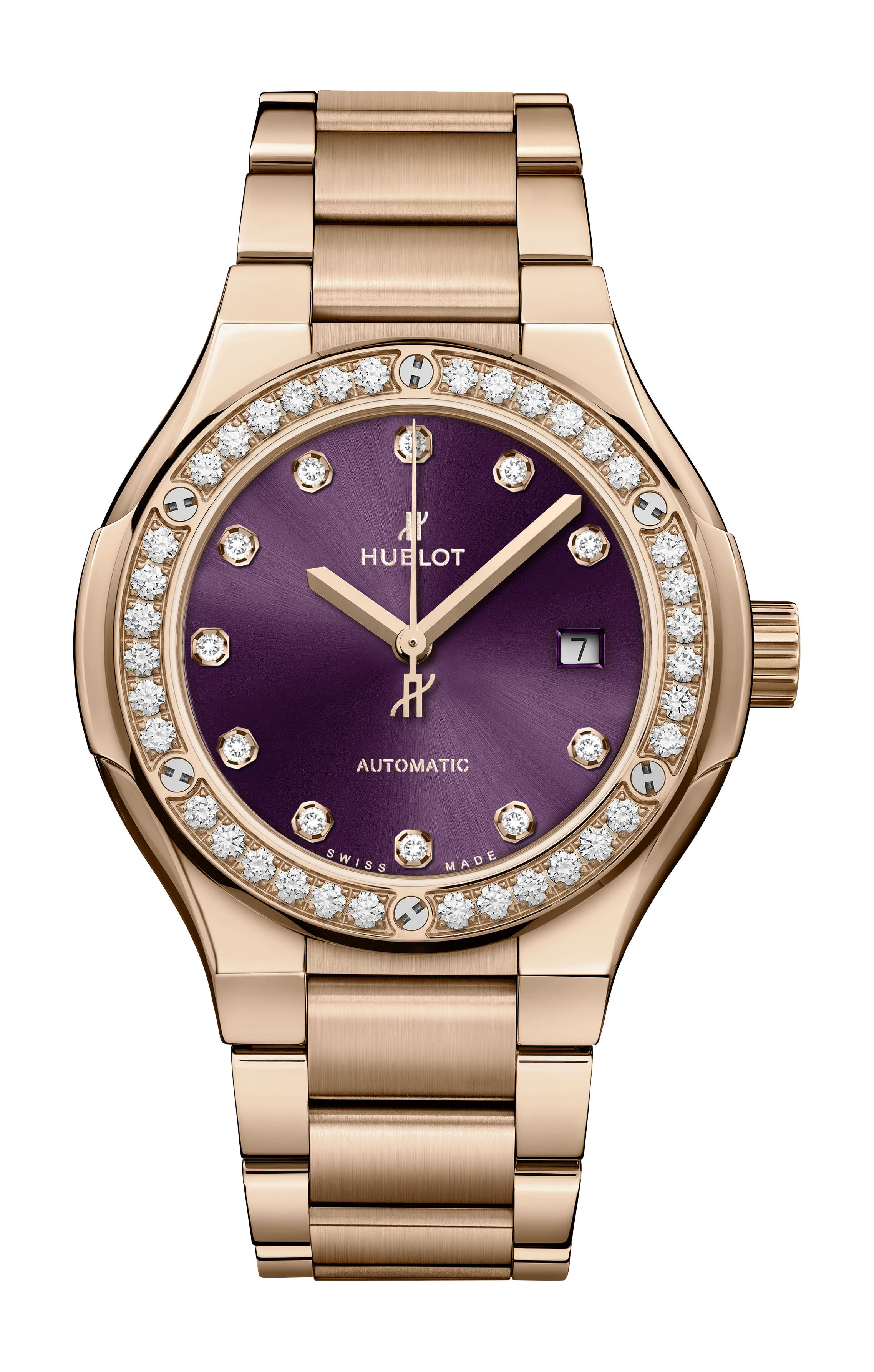 Hublot Classic Fusion King Gold Purple Diamonds Bracelet luxury timepiece - detailed view