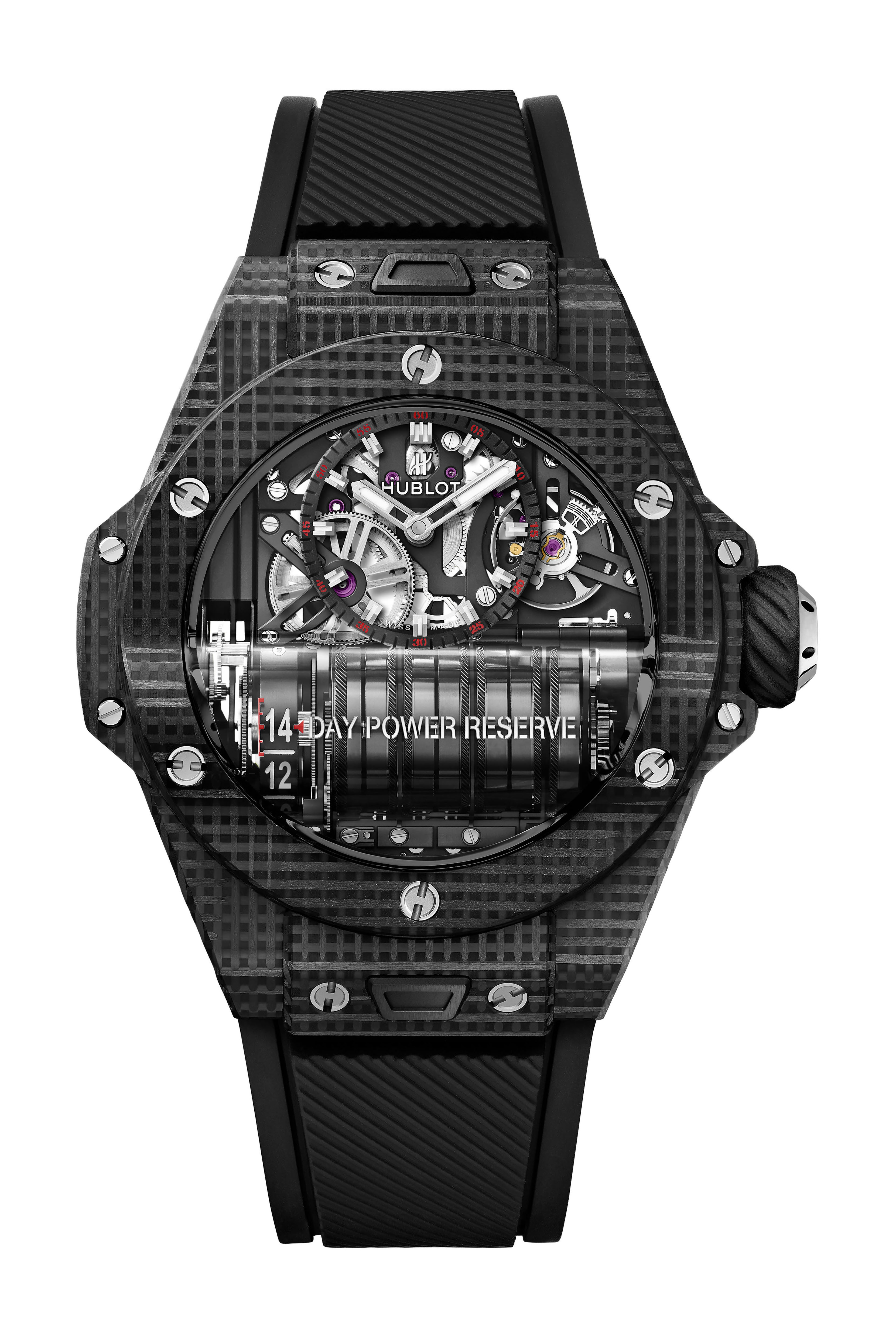 Hublot MP-11 Power Reserve 14 Days 3D Carbon luxury timepiece - detailed view