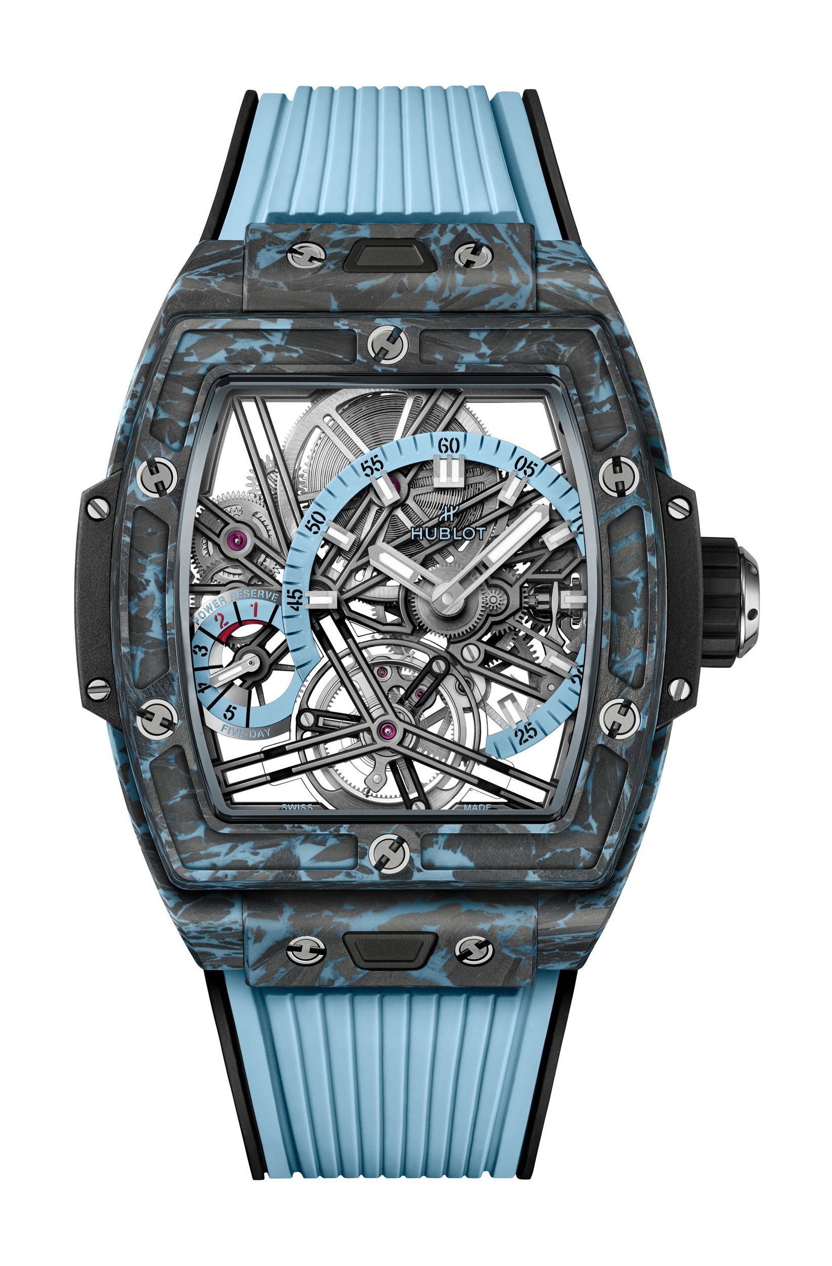 Hublot Spirit of Big Bang 5-Day Power Reserve Carbon Sky Blue luxury timepiece - detailed view
