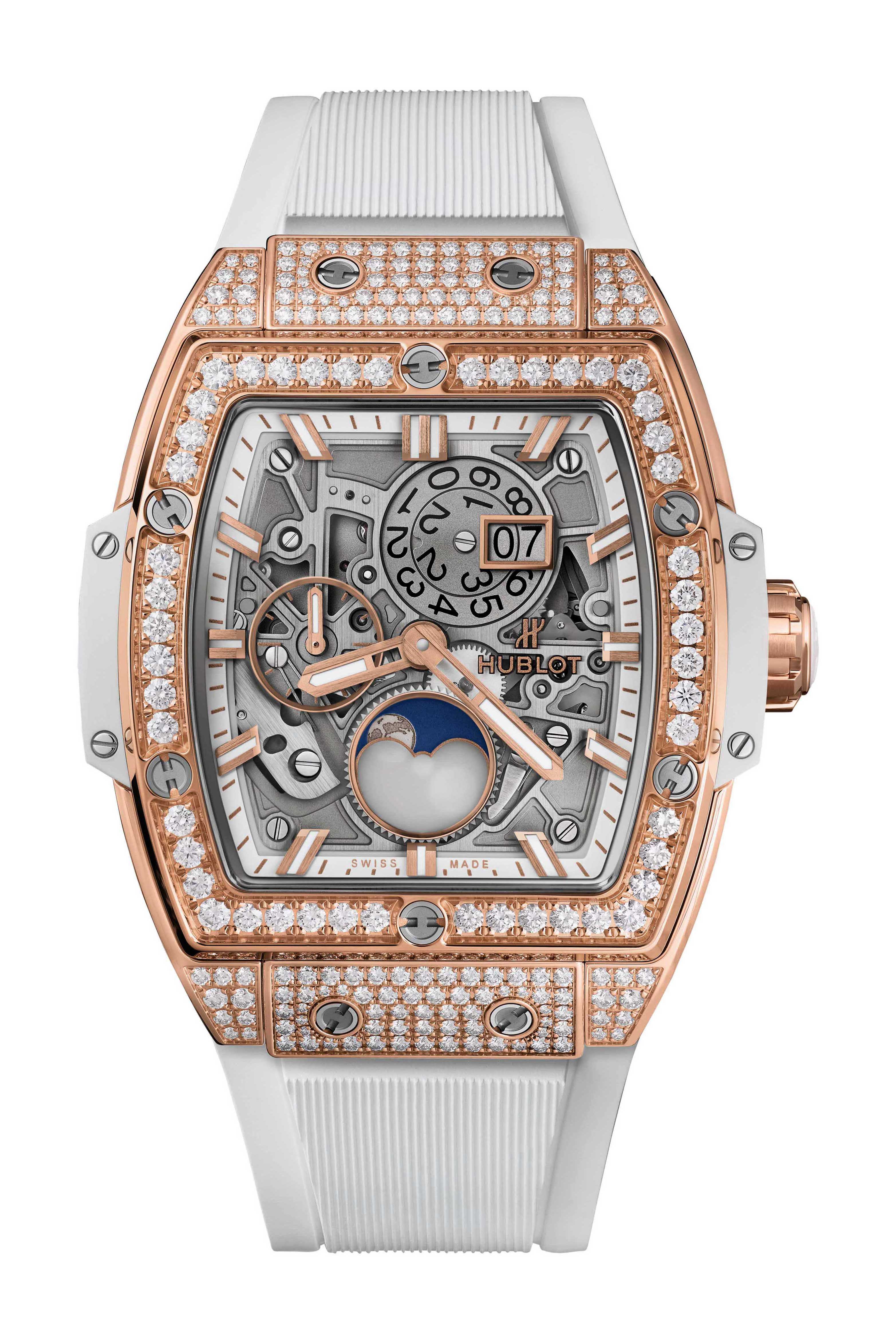 Hublot Spirit Of Big Bang Moonphase King Gold White Pavé luxury timepiece - detailed view