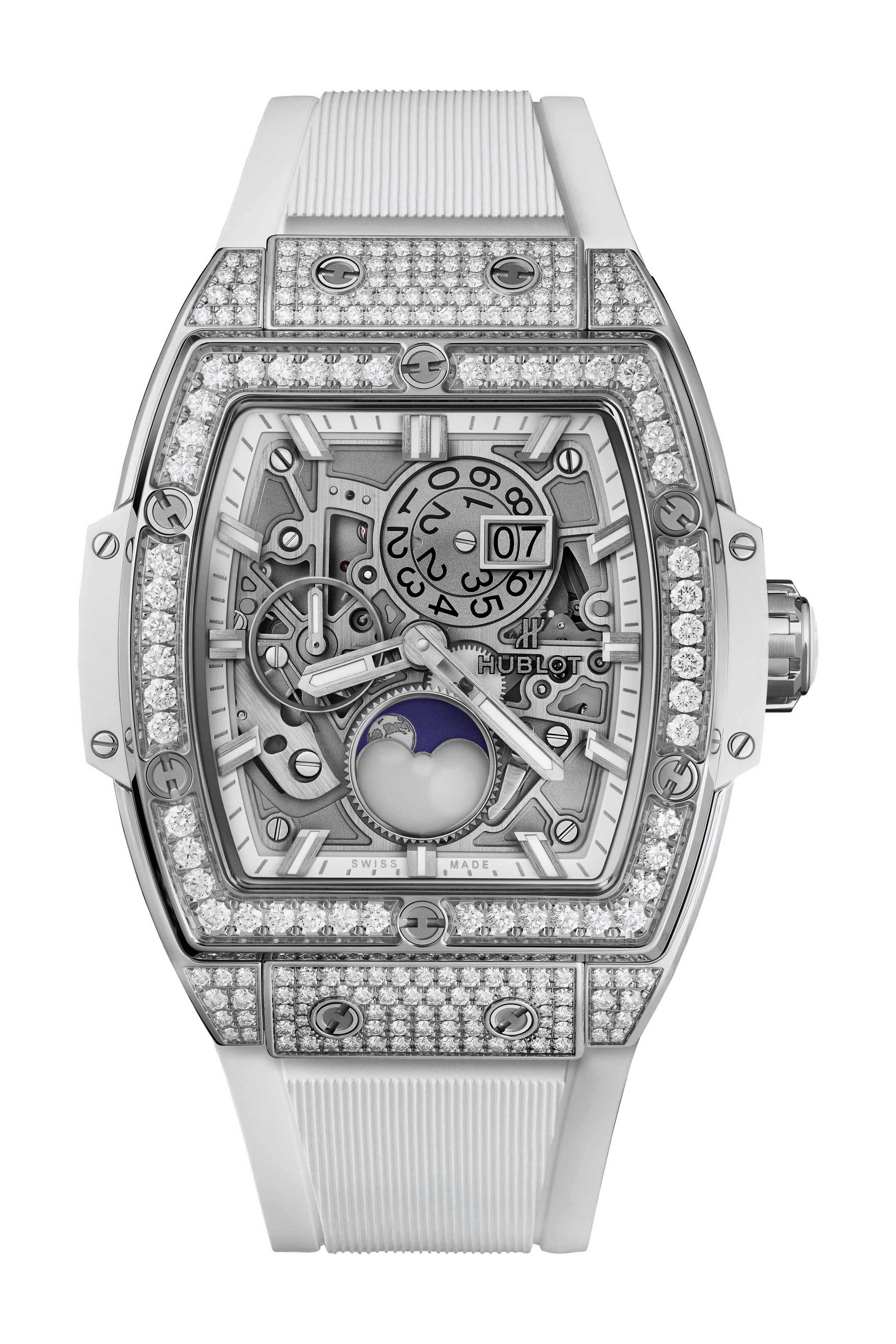 Hublot Spirit Of Big Bang Moonphase Titanium White Pavé luxury timepiece - detailed view