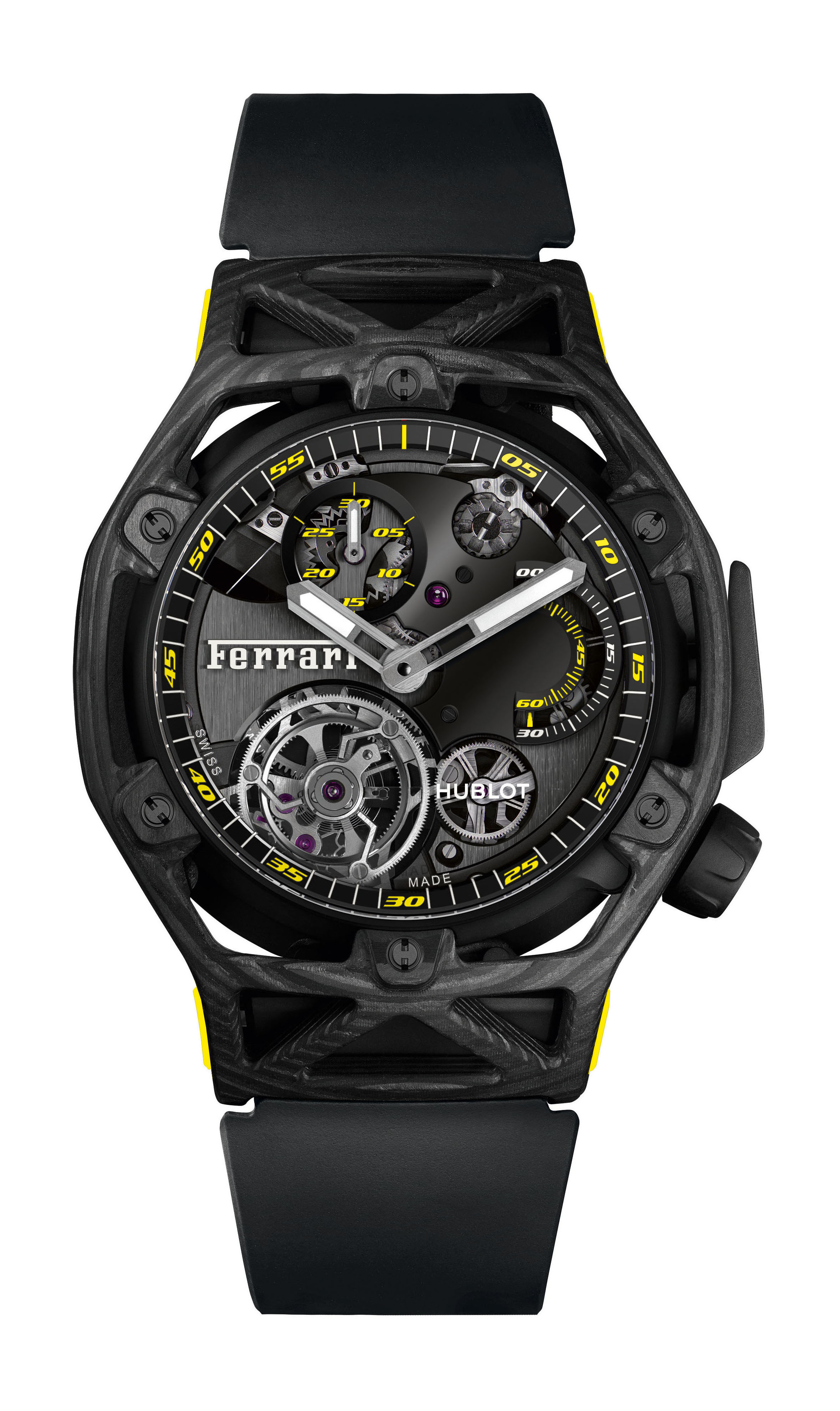 Hublot Techframe Ferrari Tourbillon Chronograph Carbon Yellow luxury timepiece - detailed view