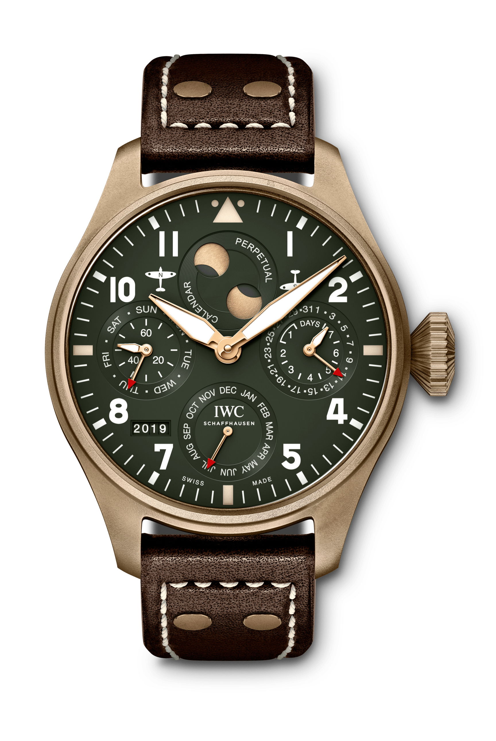 IWC Schaffhausen Big Pilot’s Watch Perpetual Calendar Spitfire luxury timepiece - detailed view