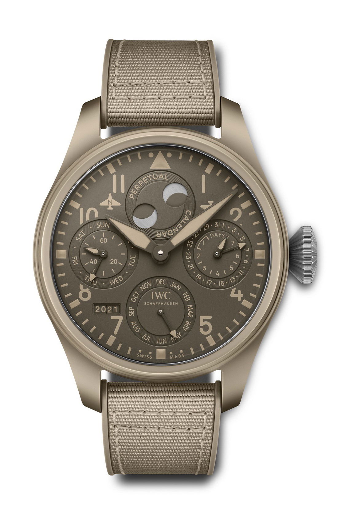 IWC Schaffhausen Big Pilot’s Watch Perpetual Calendar Top Gun Edition “Mojave Desert” luxury timepiece - detailed view