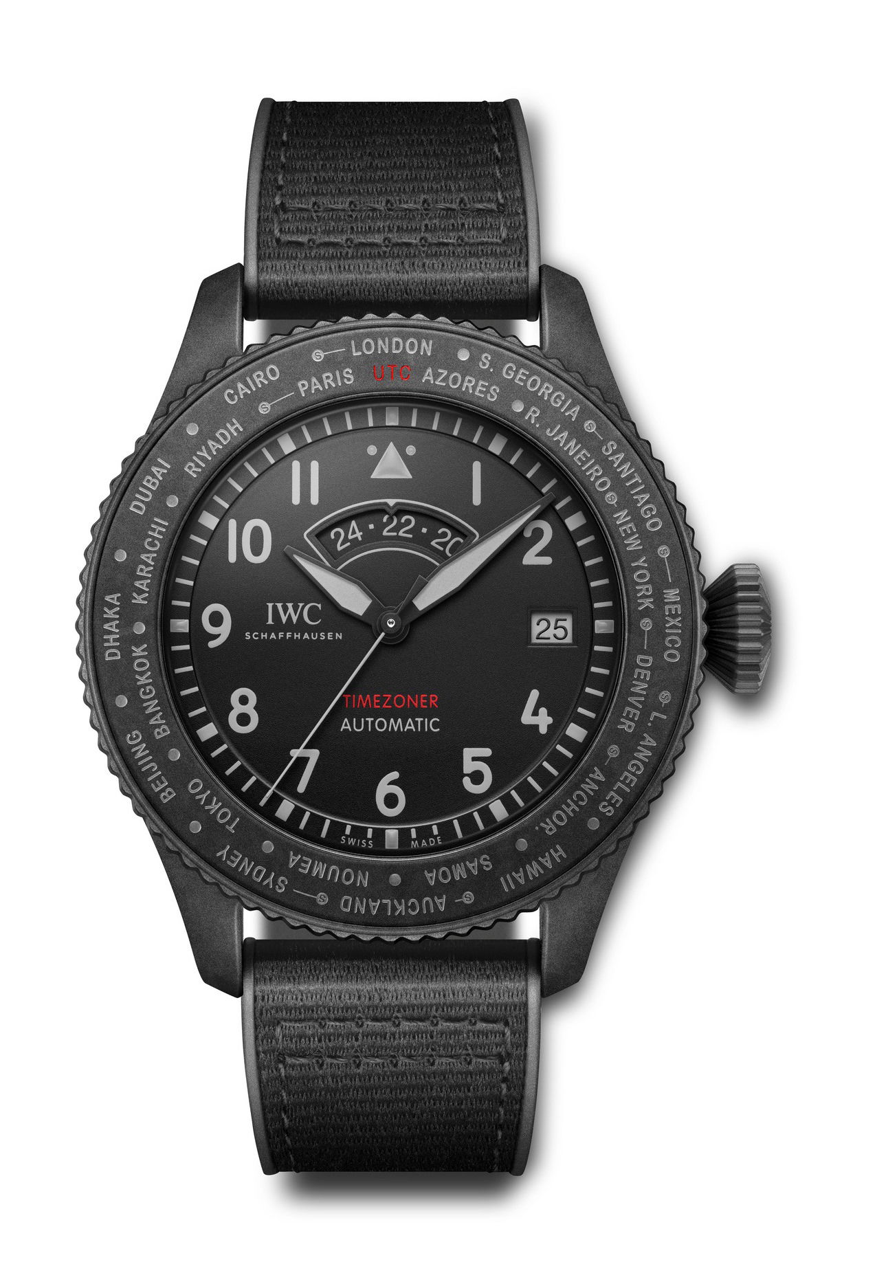 IWC Schaffhausen Pilot’s Watch Timezoner Top Gun Ceratanium luxury timepiece - detailed view