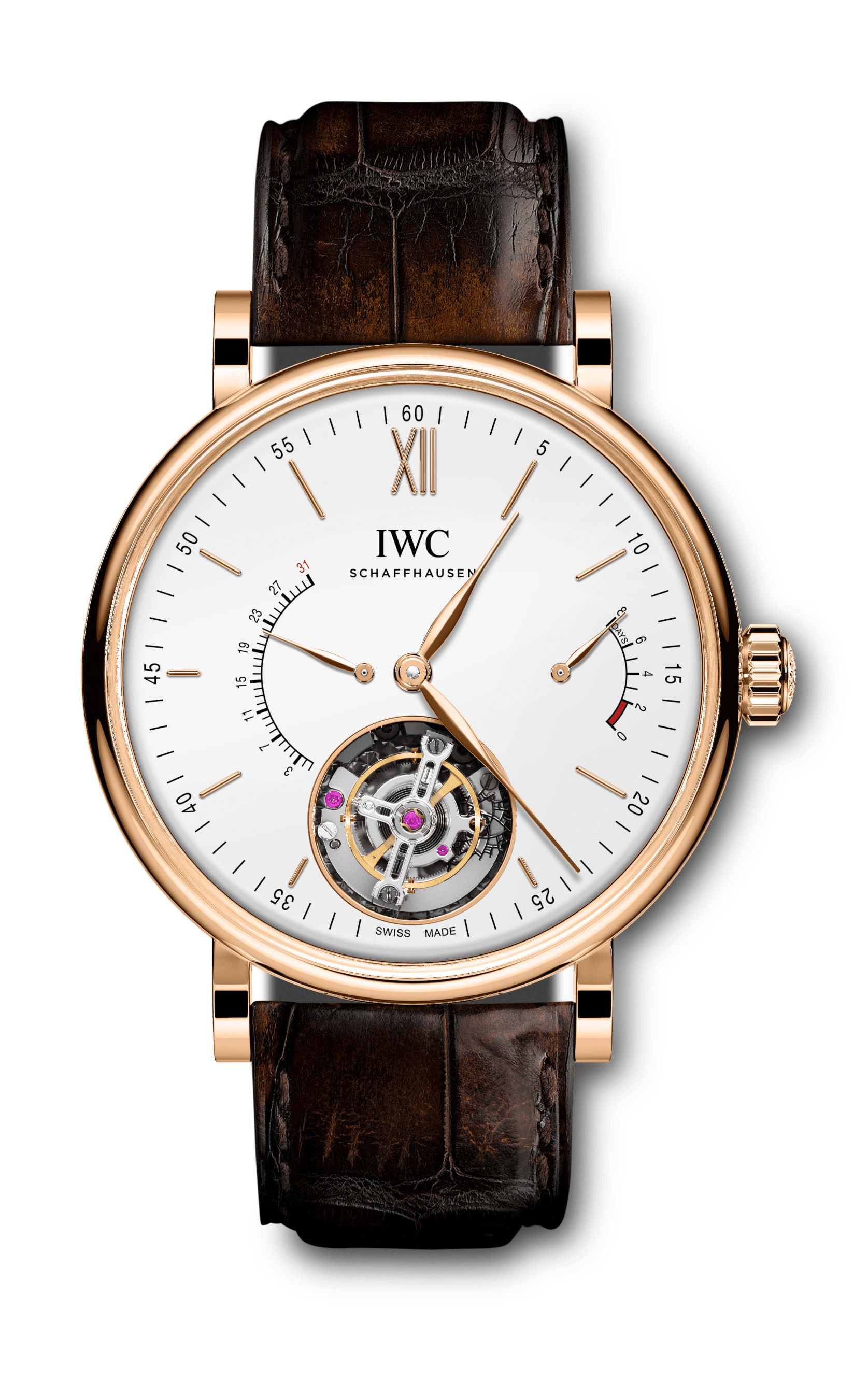 IWC Schaffhausen Portofino Hand-Wound Tourbillon Rétrograde luxury timepiece - detailed view