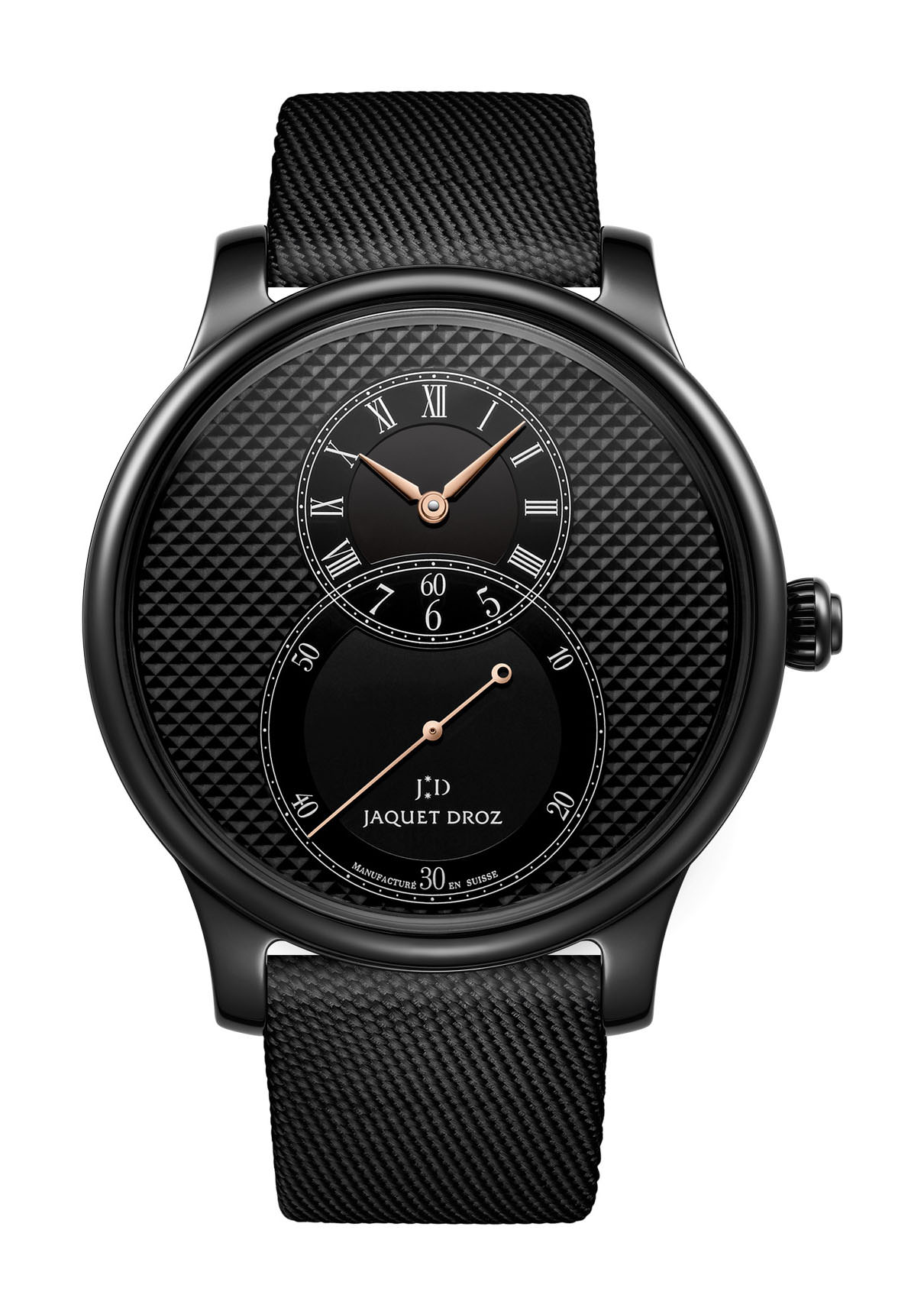 Jaquet Droz Grande Seconde Black Ceramic Clous De Paris luxury timepiece - detailed view