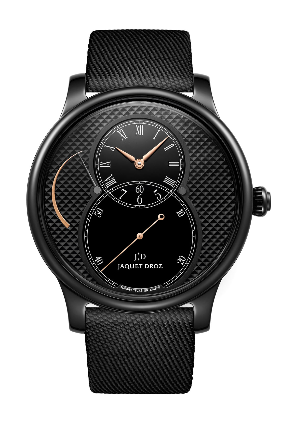 Jaquet Droz Grande Seconde Power Reserve Black Ceramic Clous De Paris luxury timepiece - detailed view