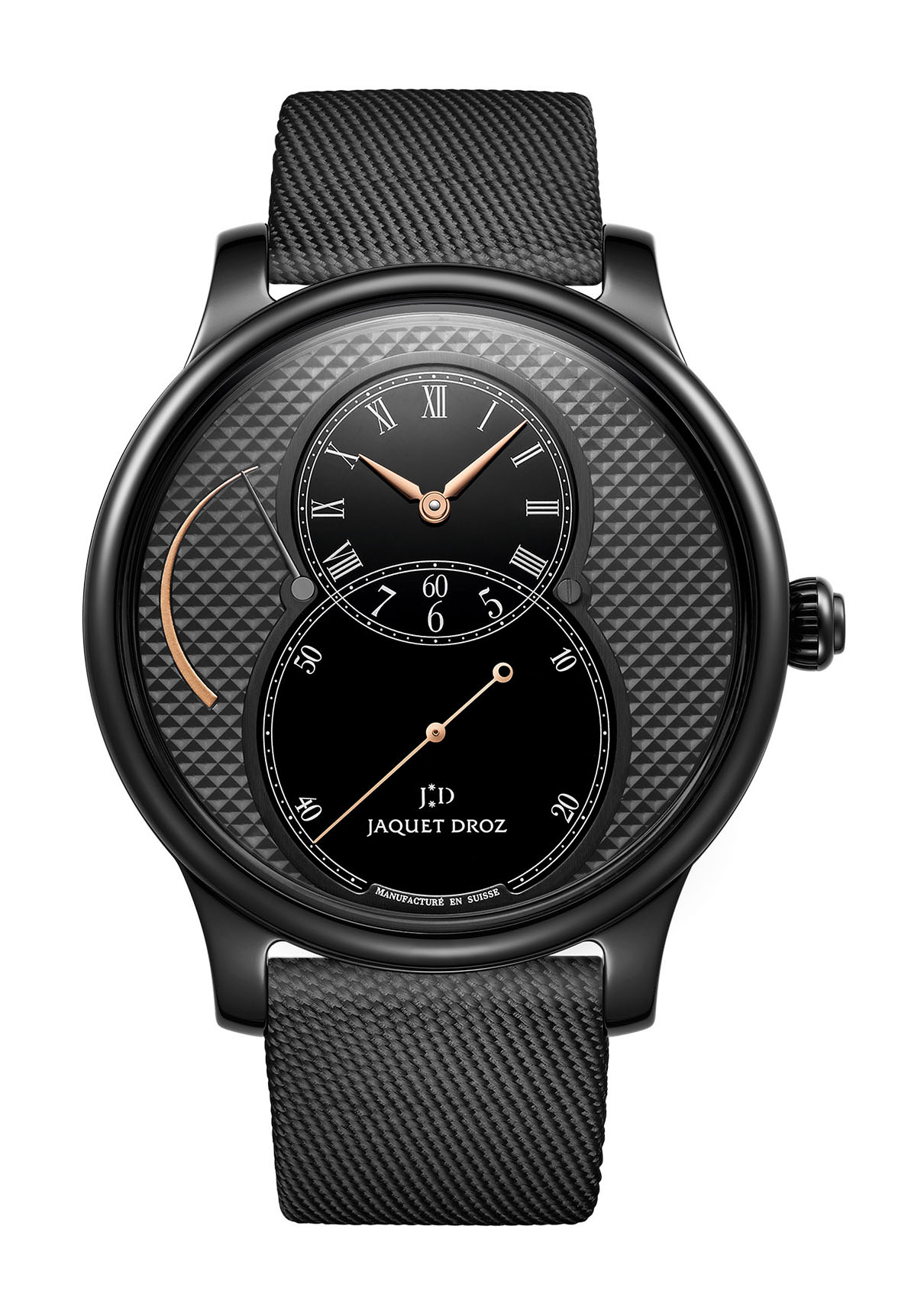 Jaquet Droz Grande Seconde Power Reserve Ceramic Clous De Paris luxury timepiece - detailed view