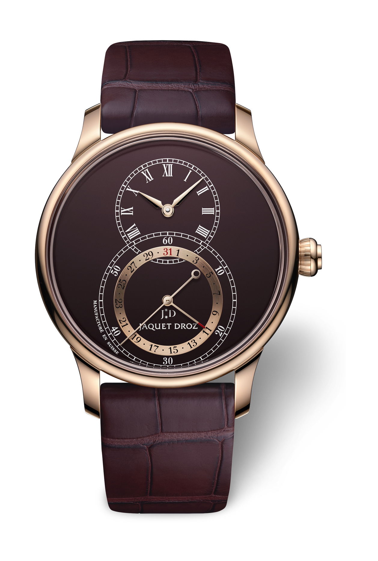 Jaquet Droz Grande Seconde Quantieme Burgundy Enamel luxury timepiece - detailed view