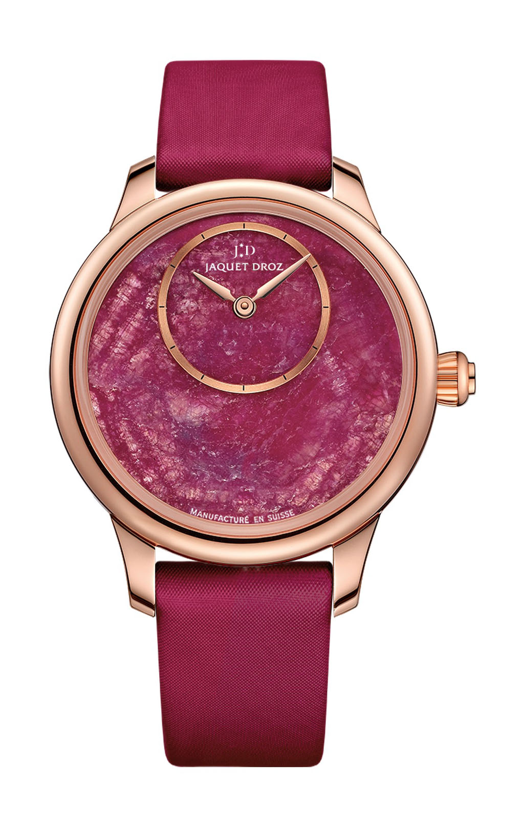 Jaquet Droz Petit Heure Minute Ruby Heart luxury timepiece - detailed view