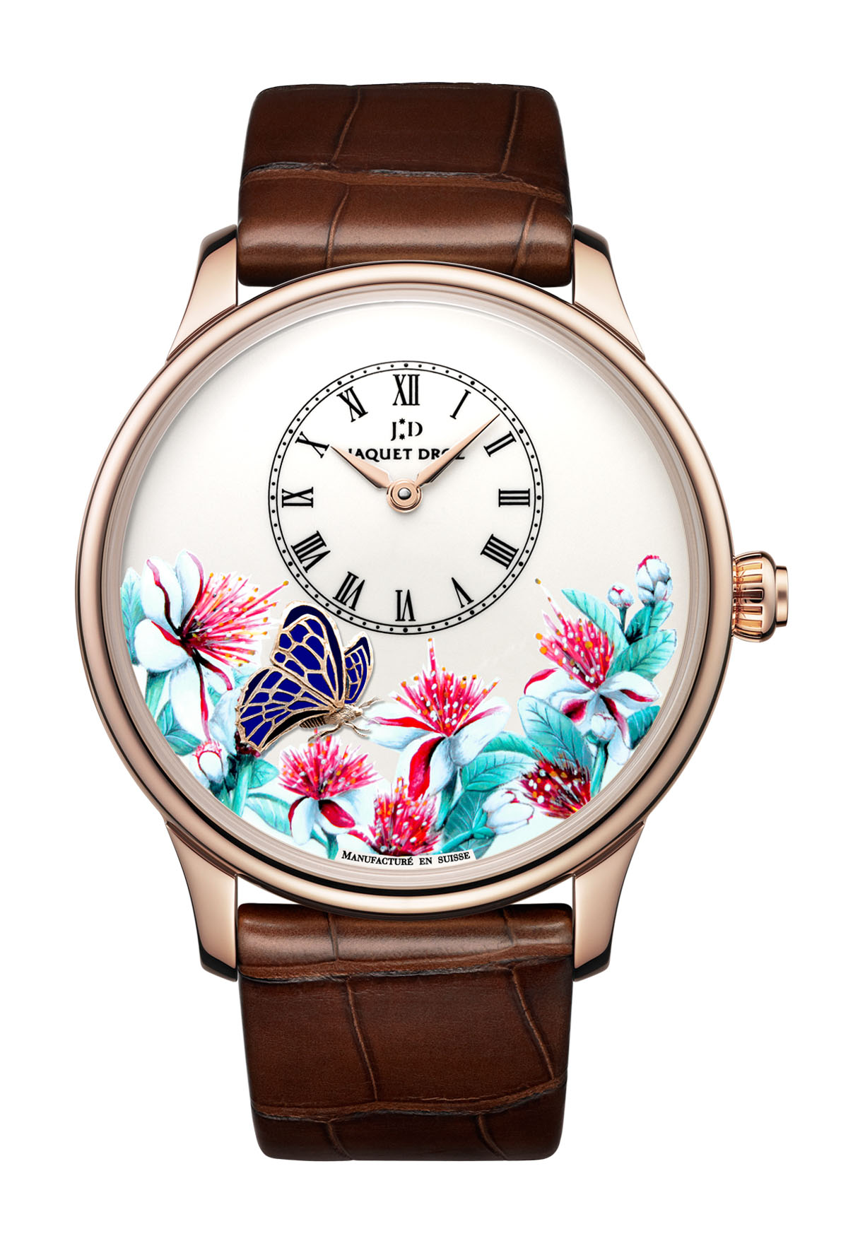 Jaquet Droz Petite Heure Minute Butterfly Journey luxury timepiece - detailed view